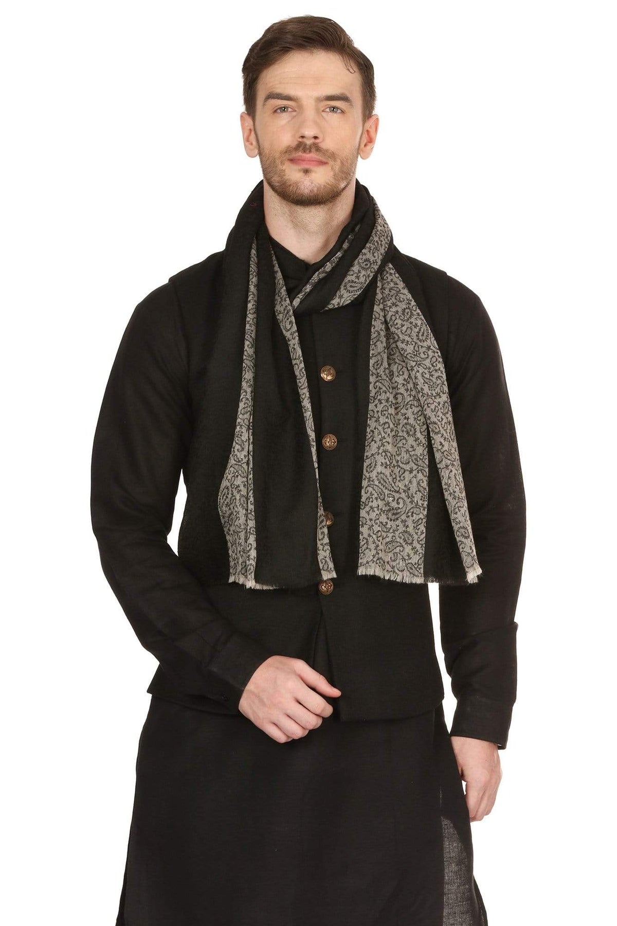 Pashtush India 70x200 Pashtush Mens Fine Wool Reversible Muffler - Black