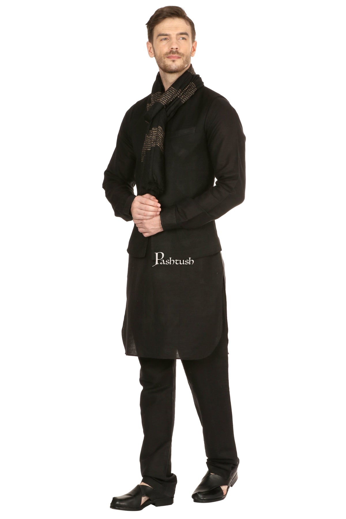 Pashtush India Mens Scarves Stoles and Mufflers Pashtush Mens Fine Wool Reversible Muffler, Soft And Warm - Black