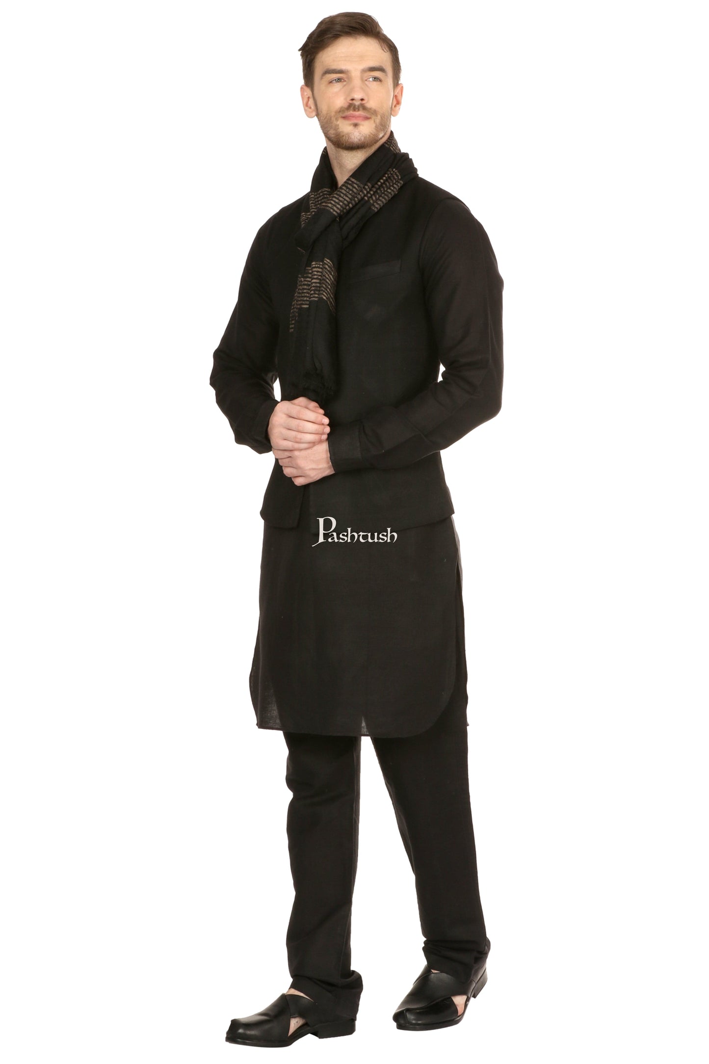 Pashtush India Mens Scarves Stoles and Mufflers Pashtush Mens Fine Wool Reversible Muffler, Soft And Warm - Black