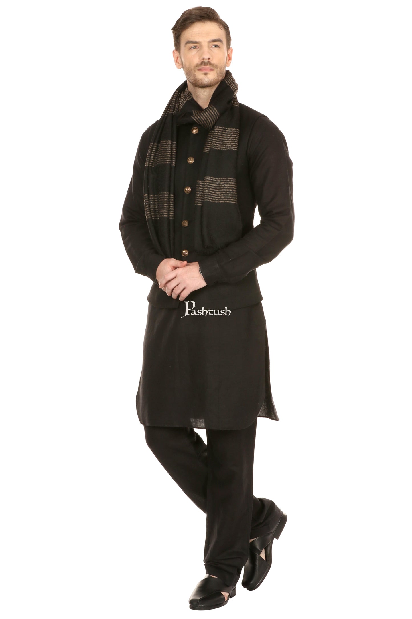 Pashtush India Mens Scarves Stoles and Mufflers Pashtush Mens Fine Wool Reversible Muffler, Soft And Warm - Black