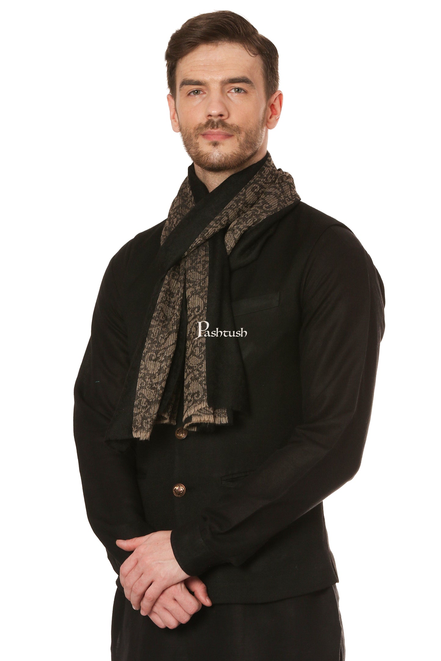 Pashtush India Mens Scarves Stoles and Mufflers Pashtush Mens Fine Wool Reversible Muffler, Soft And Warm - Black