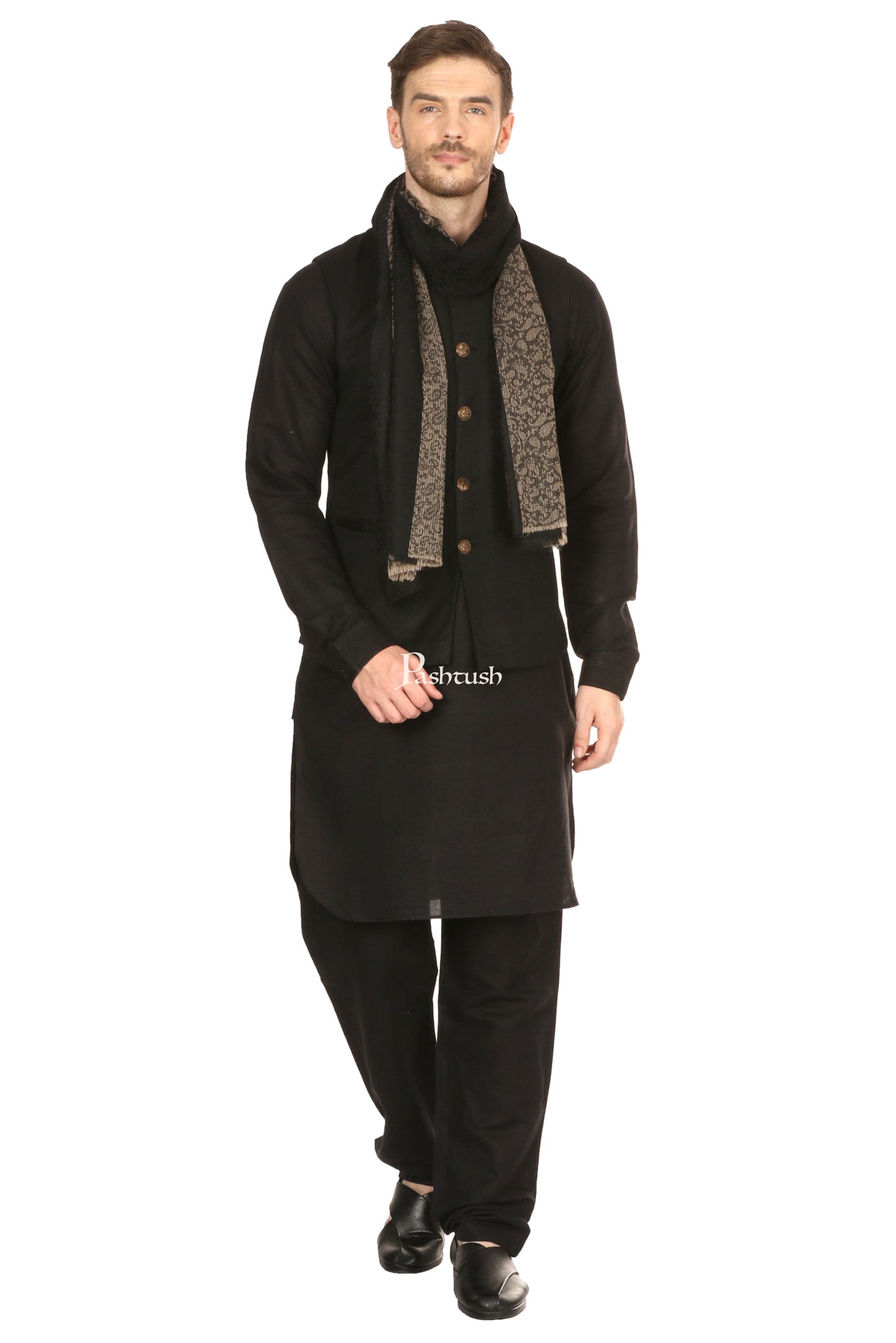 Pashtush India Mens Scarves Stoles and Mufflers Pashtush Mens Fine Wool Reversible Muffler, Soft And Warm - Black