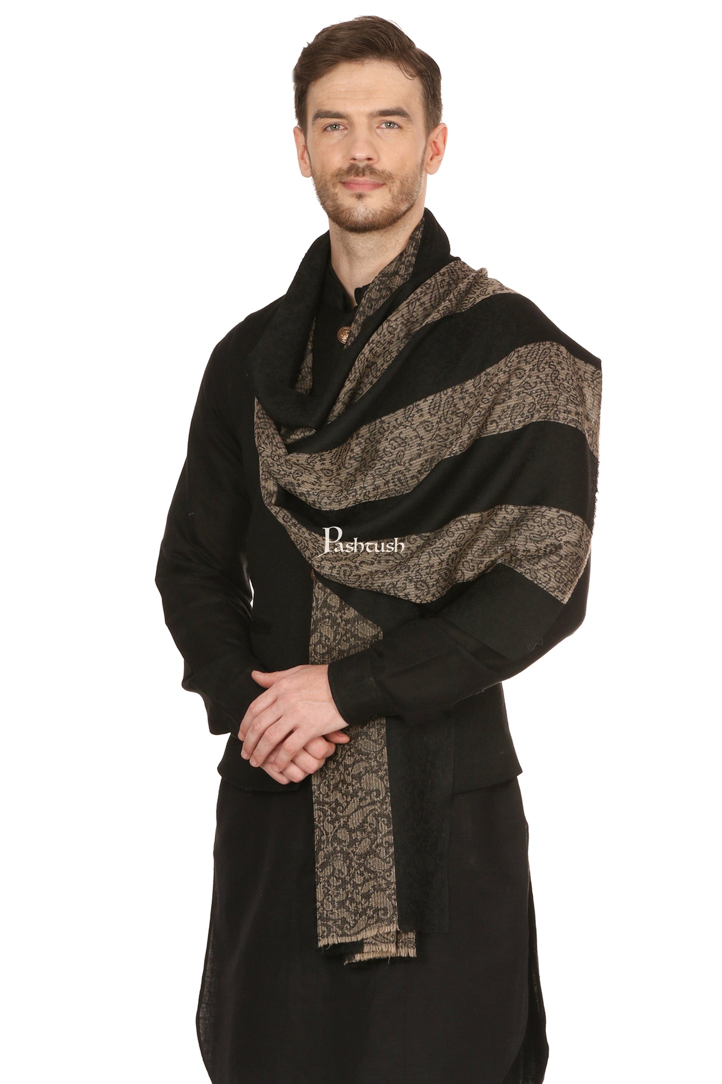 Pashtush India Mens Scarves Stoles and Mufflers Pashtush Mens Fine Wool Reversible Muffler, Soft And Warm - Black