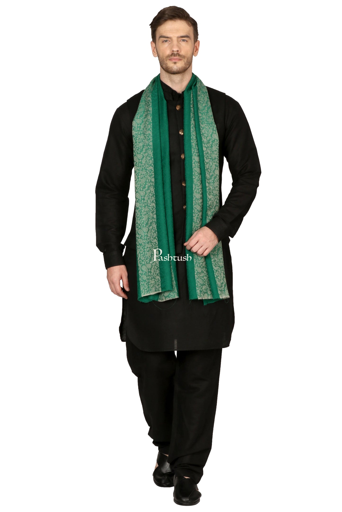 Pashtush India Mens Scarves Stoles and Mufflers Pashtush Mens Fine Wool Reversible Muffler, Soft And Warm - Emerald Green