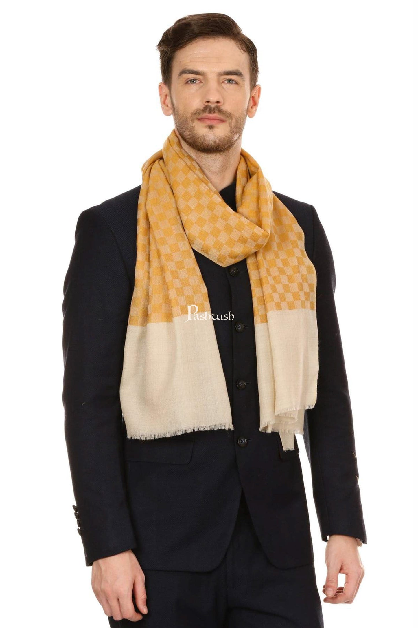 Pashtush India Mens Scarves Stoles and Mufflers Pashtush Mens Fine Wool Reversible Muffler, Soft And Warm - Yellow