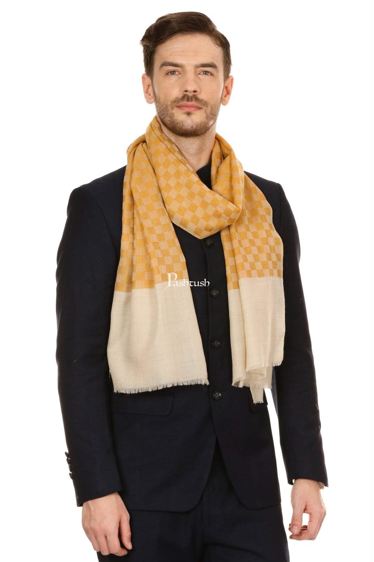 Pashtush India Mens Scarves Stoles and Mufflers Pashtush Mens Fine Wool Reversible Muffler, Soft And Warm - Yellow