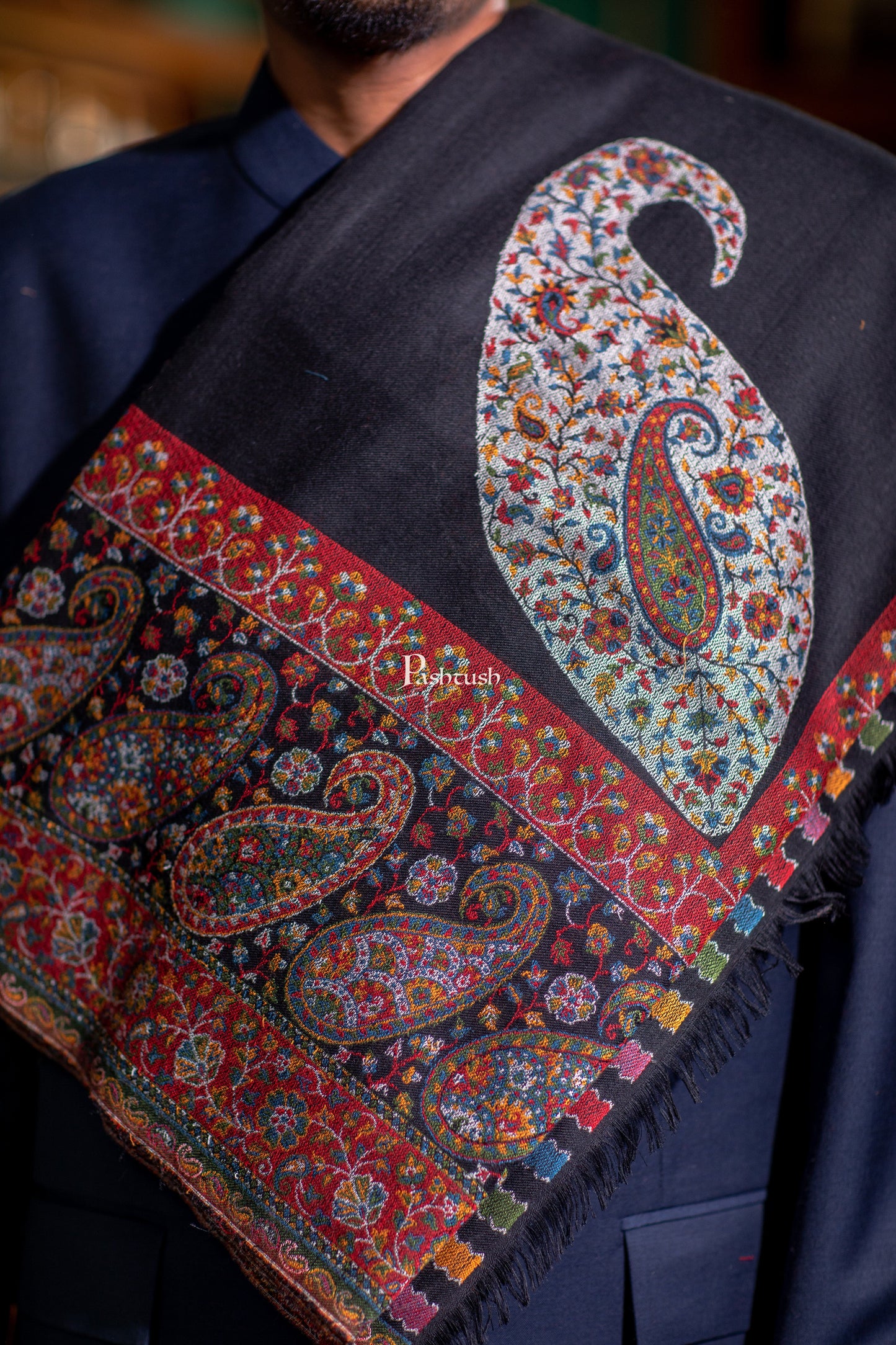 Pashtush India Mens Shawls Gents Shawl Pashtush Mens Fine Wool Shawl, Ambi Palla Design, Black
