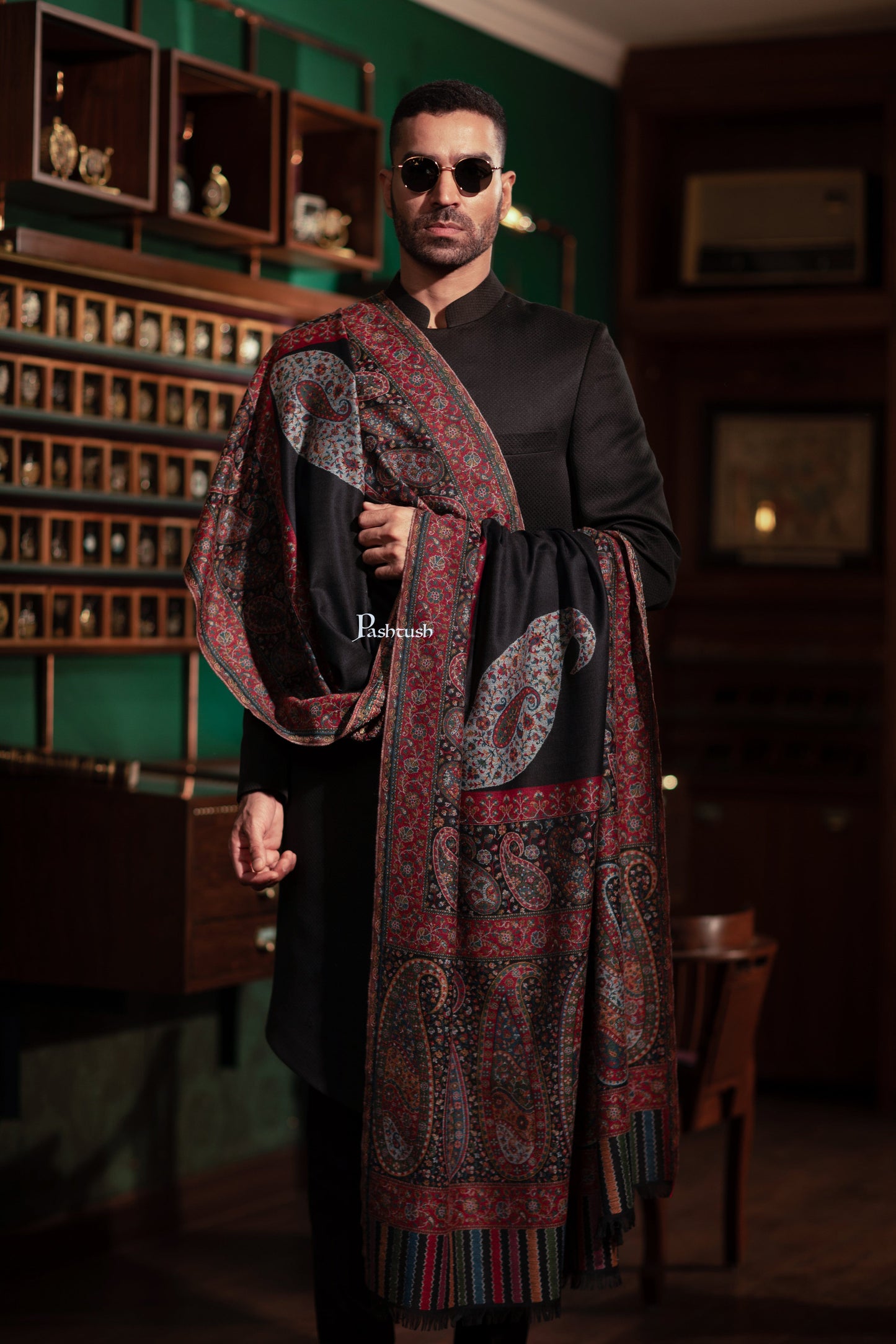 Pashtush India Mens Shawls Gents Shawl Pashtush Mens Fine Wool Shawl, Ambi Palla Design, Black