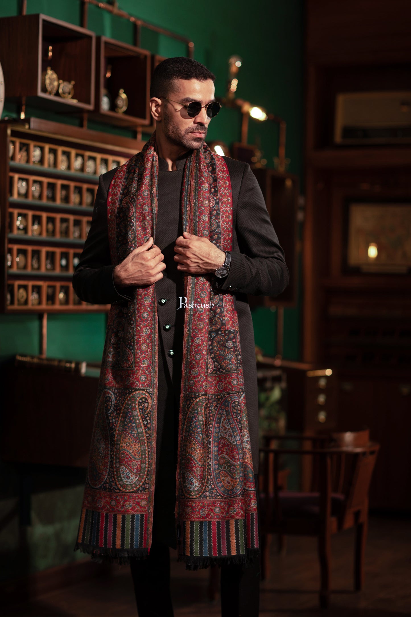 Pashtush India Mens Shawls Gents Shawl Pashtush Mens Fine Wool Shawl, Ambi Palla Design, Black
