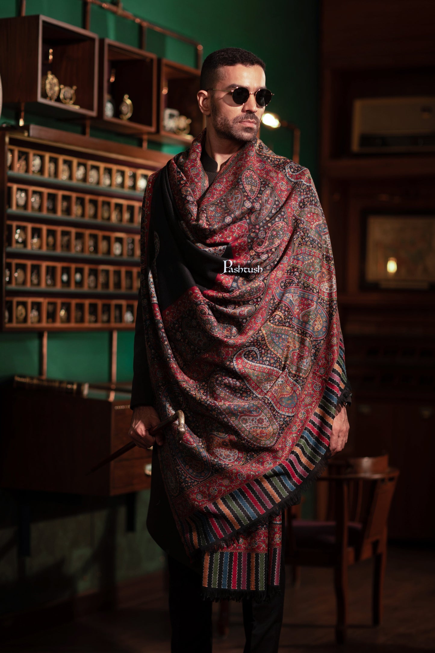Pashtush India Mens Shawls Gents Shawl Pashtush Mens Fine Wool Shawl, Ambi Palla Design, Black