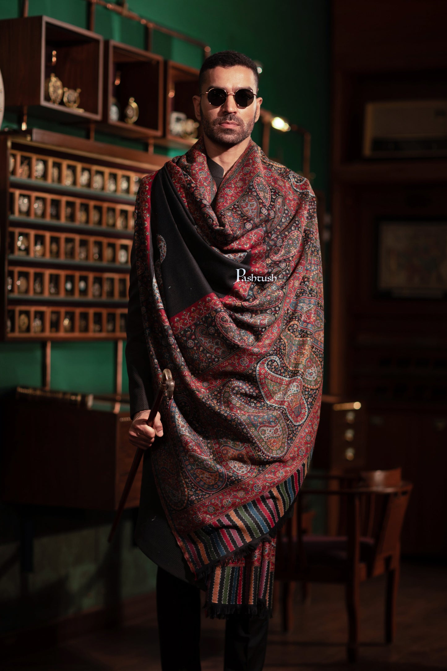 Pashtush India Mens Shawls Gents Shawl Pashtush Mens Fine Wool Shawl, Ambi Palla Design, Black