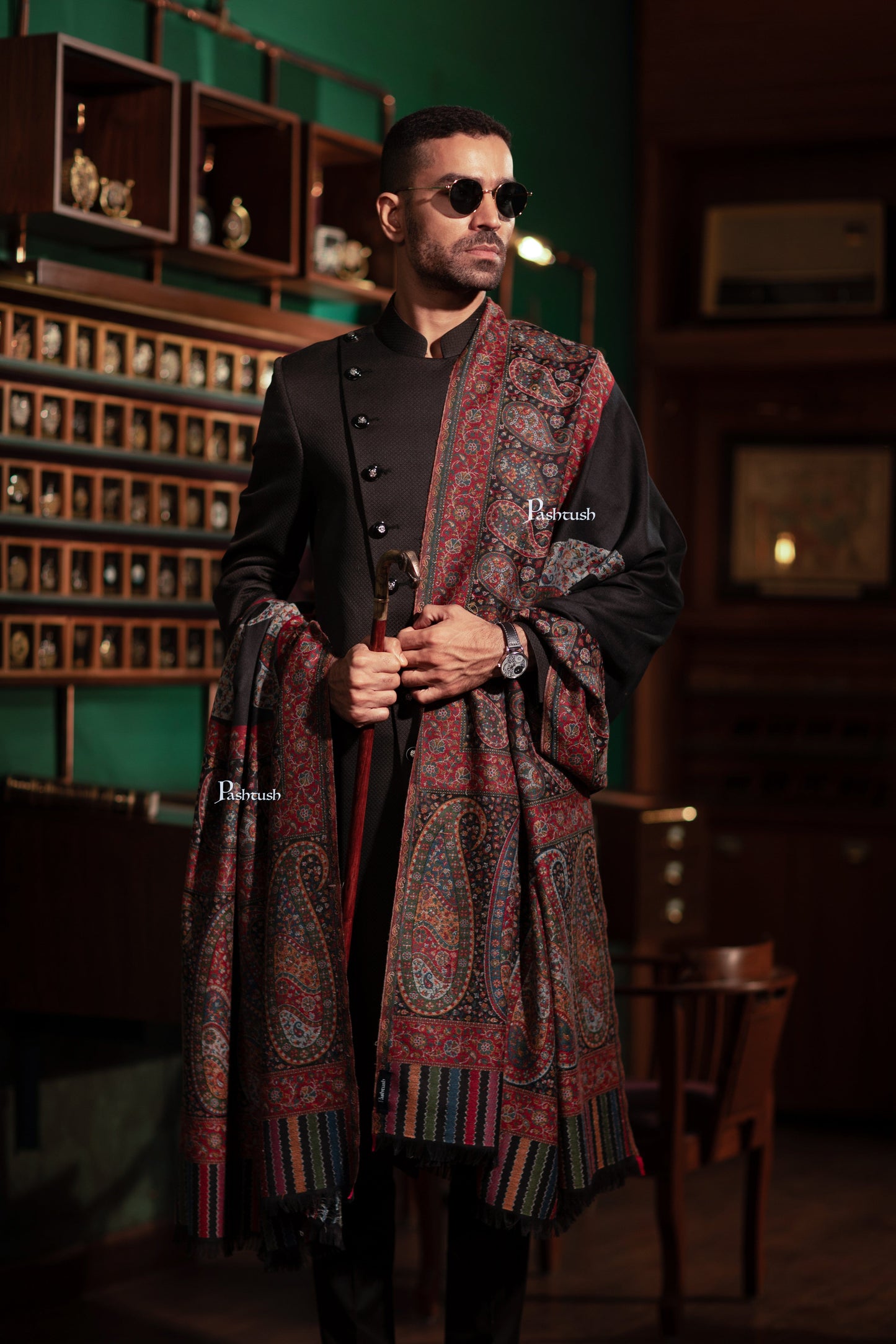Pashtush India Mens Shawls Gents Shawl Pashtush Mens Fine Wool Shawl, Ambi Palla Design, Black