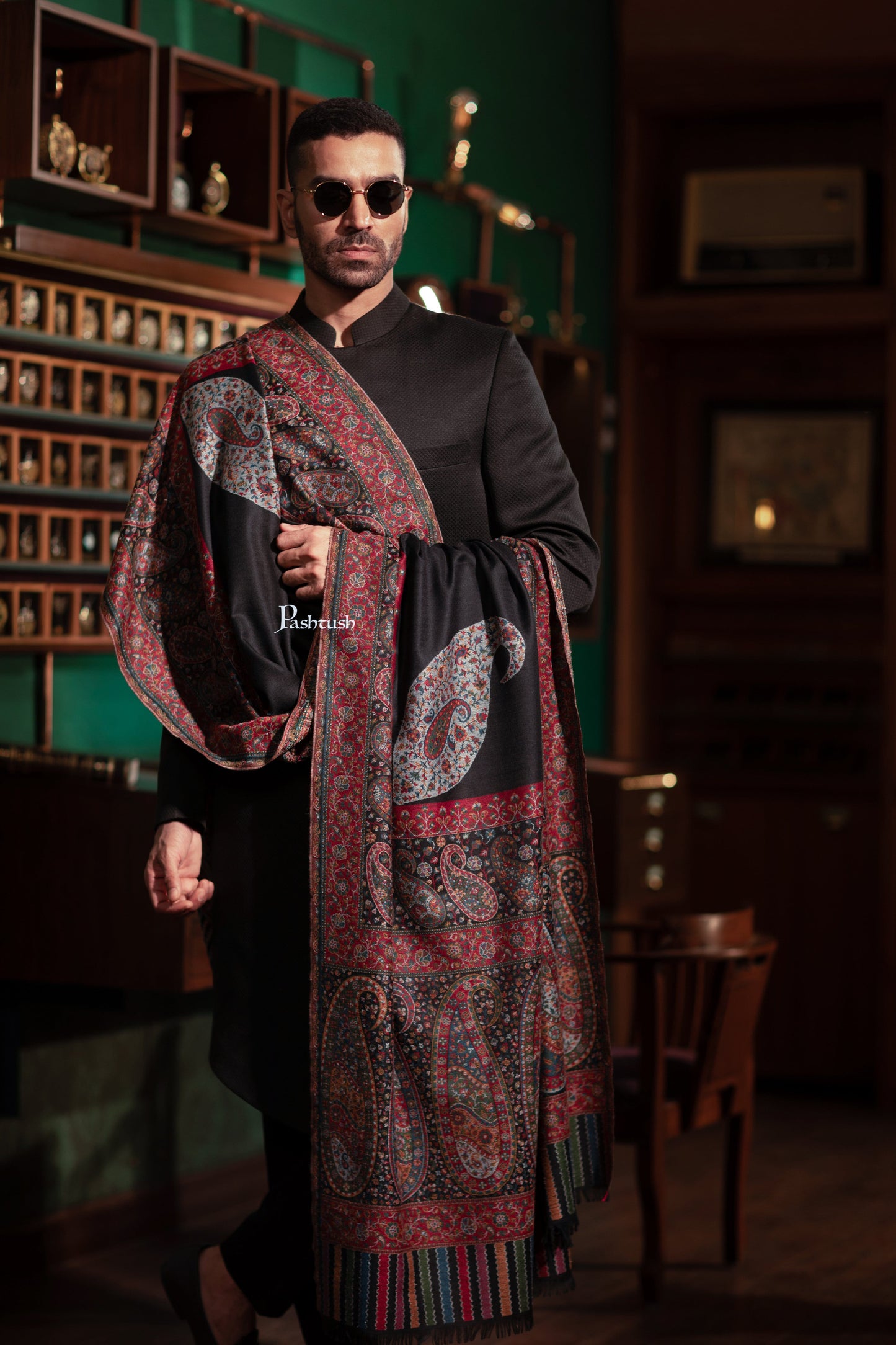 Pashtush India Mens Shawls Gents Shawl Pashtush Mens Fine Wool Shawl, Ambi Palla Design, Black
