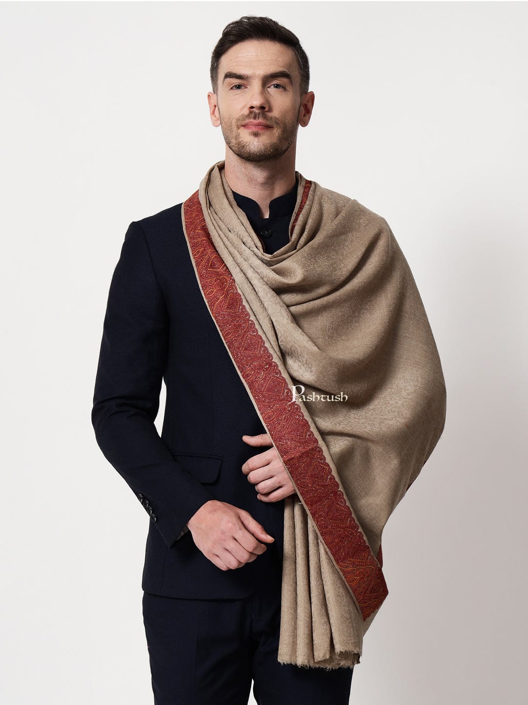 Pashtush India Mens Shawls Gents Shawl Pashtush mens Fine Wool shawl, border design, Beige