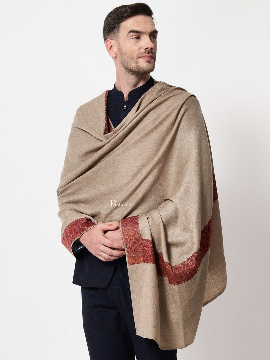 Pashtush India Mens Shawls Gents Shawl Pashtush mens Fine Wool shawl, border design, Beige