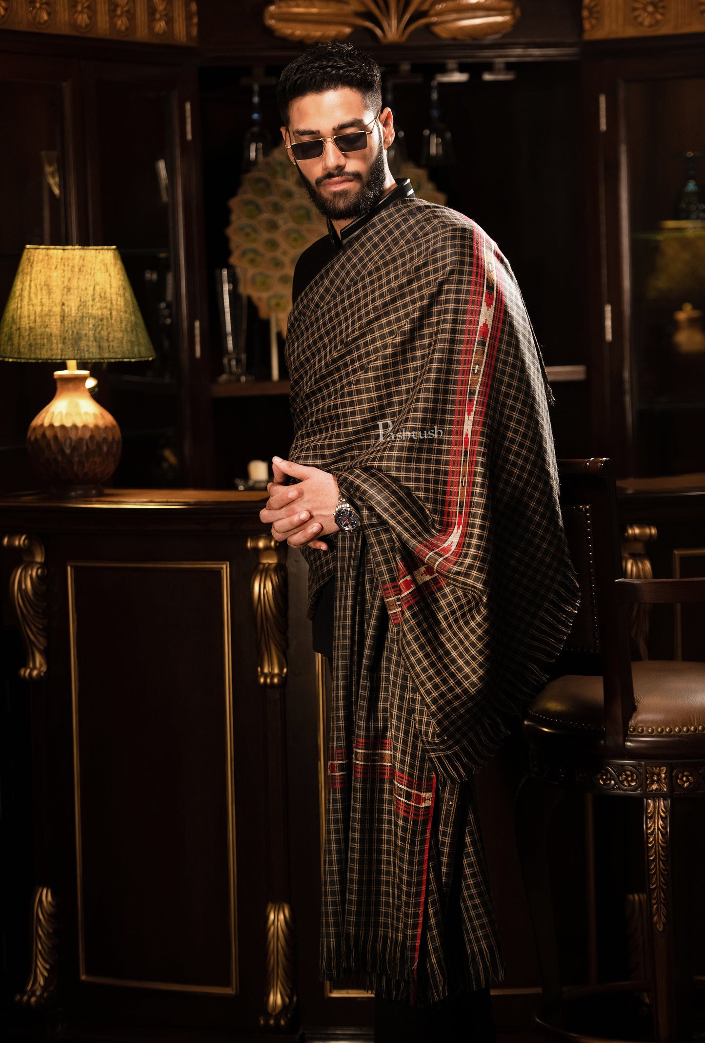 Pashtush India Mens Shawls Gents Shawl Pashtush mens Fine Wool shawl, Checkered Weave design, Black