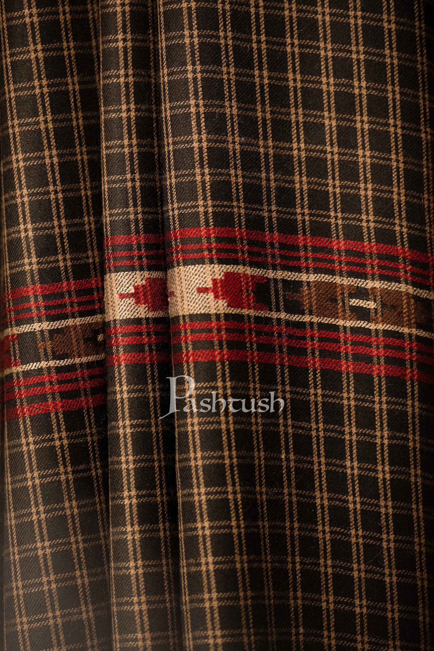 Pashtush India Mens Shawls Gents Shawl Pashtush mens Fine Wool shawl, Checkered Weave design, Black