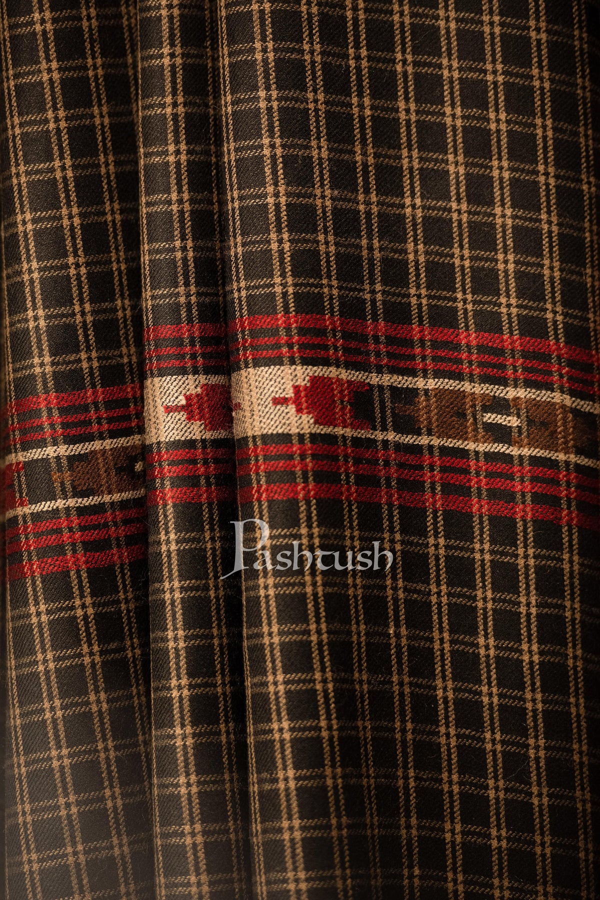 Pashtush India Mens Shawls Gents Shawl Pashtush mens Fine Wool shawl, Checkered Weave design, Black