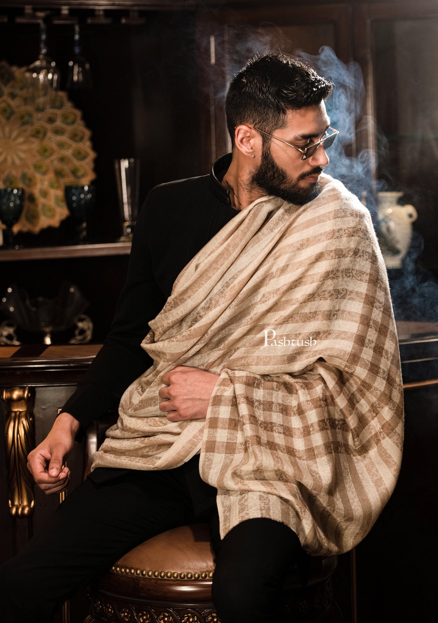 Pashtush India Mens Shawls Gents Shawl Pashtush Mens Fine Wool Shawl, Checks, Extra Soft And Warm, Beige