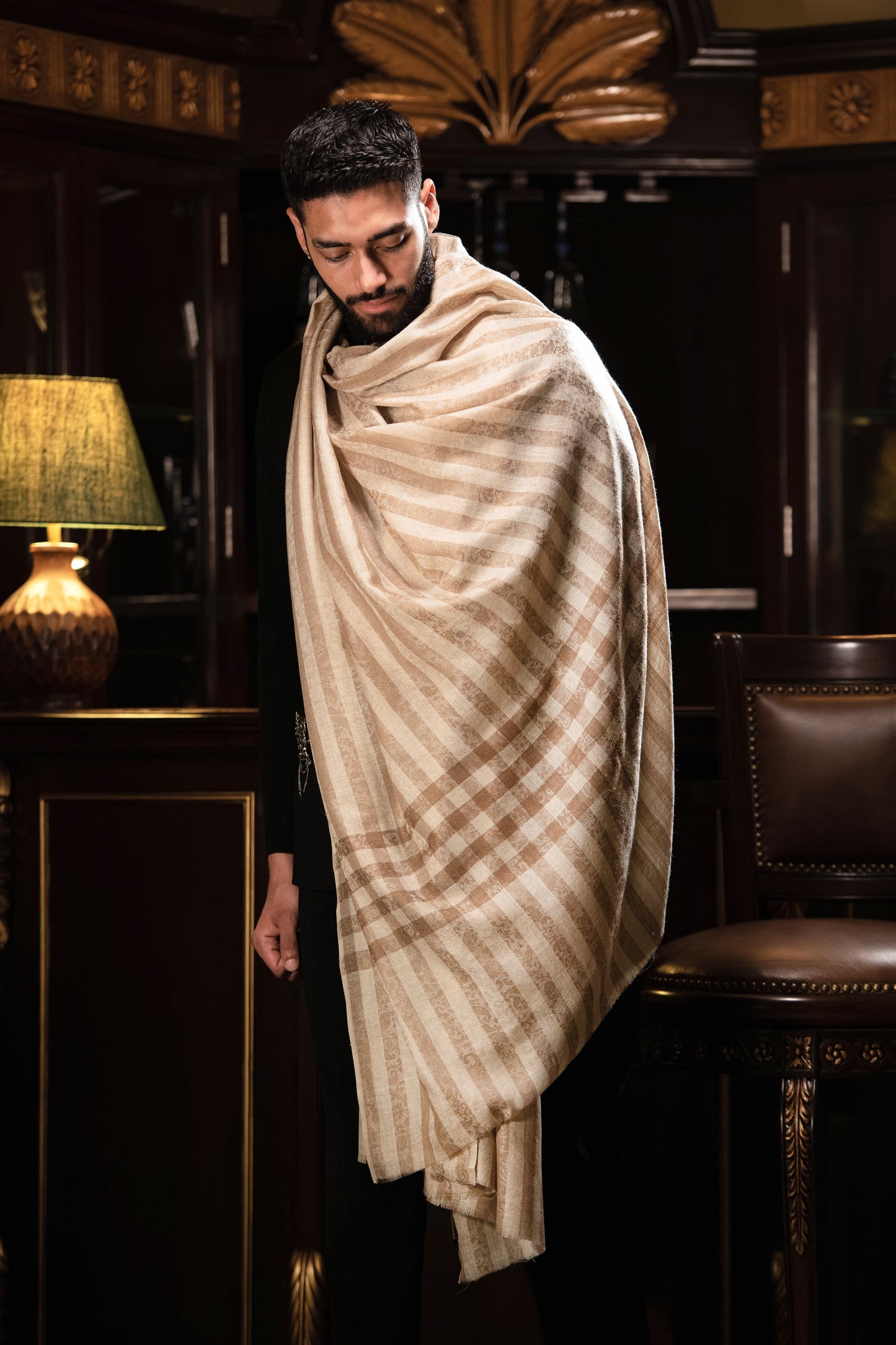 Pashtush India Mens Shawls Gents Shawl Pashtush Mens Fine Wool Shawl, Checks, Extra Soft And Warm, Beige