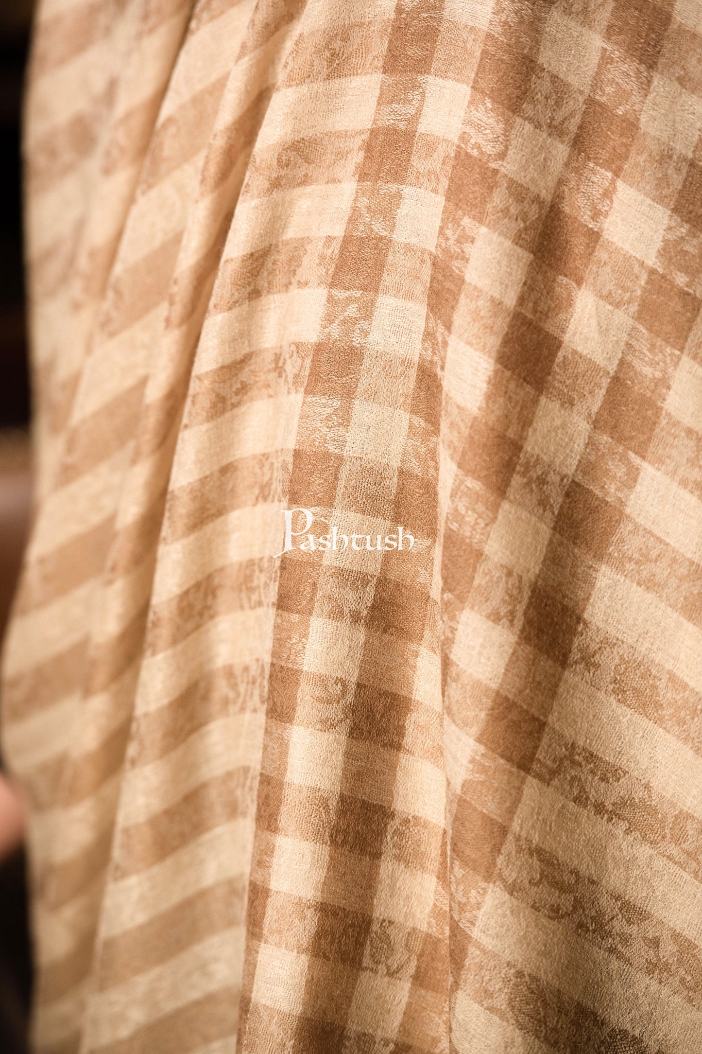 Pashtush India Mens Shawls Gents Shawl Pashtush Mens Fine Wool Shawl, Checks, Extra Soft And Warm, Beige
