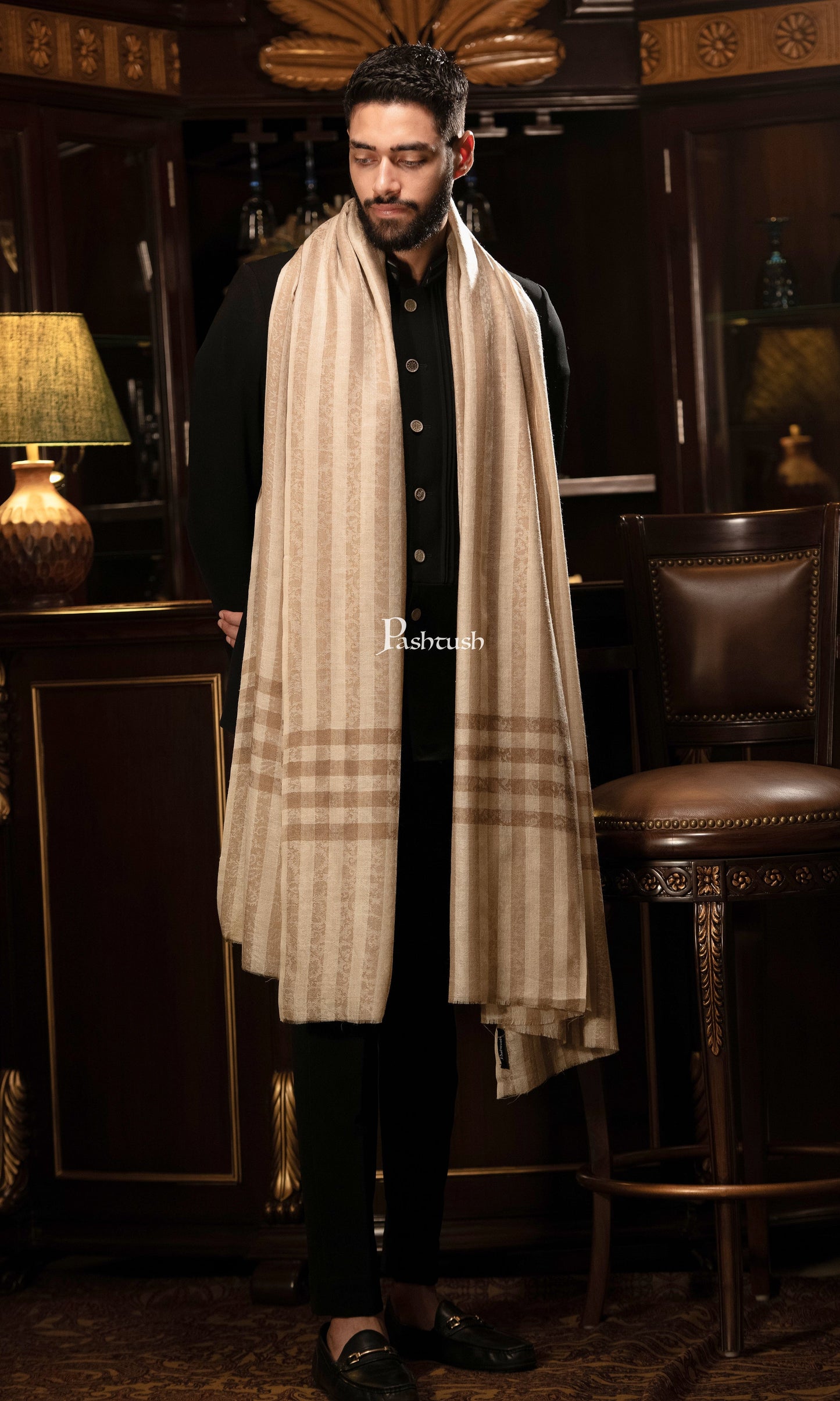 Pashtush India Mens Shawls Gents Shawl Pashtush Mens Fine Wool Shawl, Checks, Extra Soft And Warm, Beige