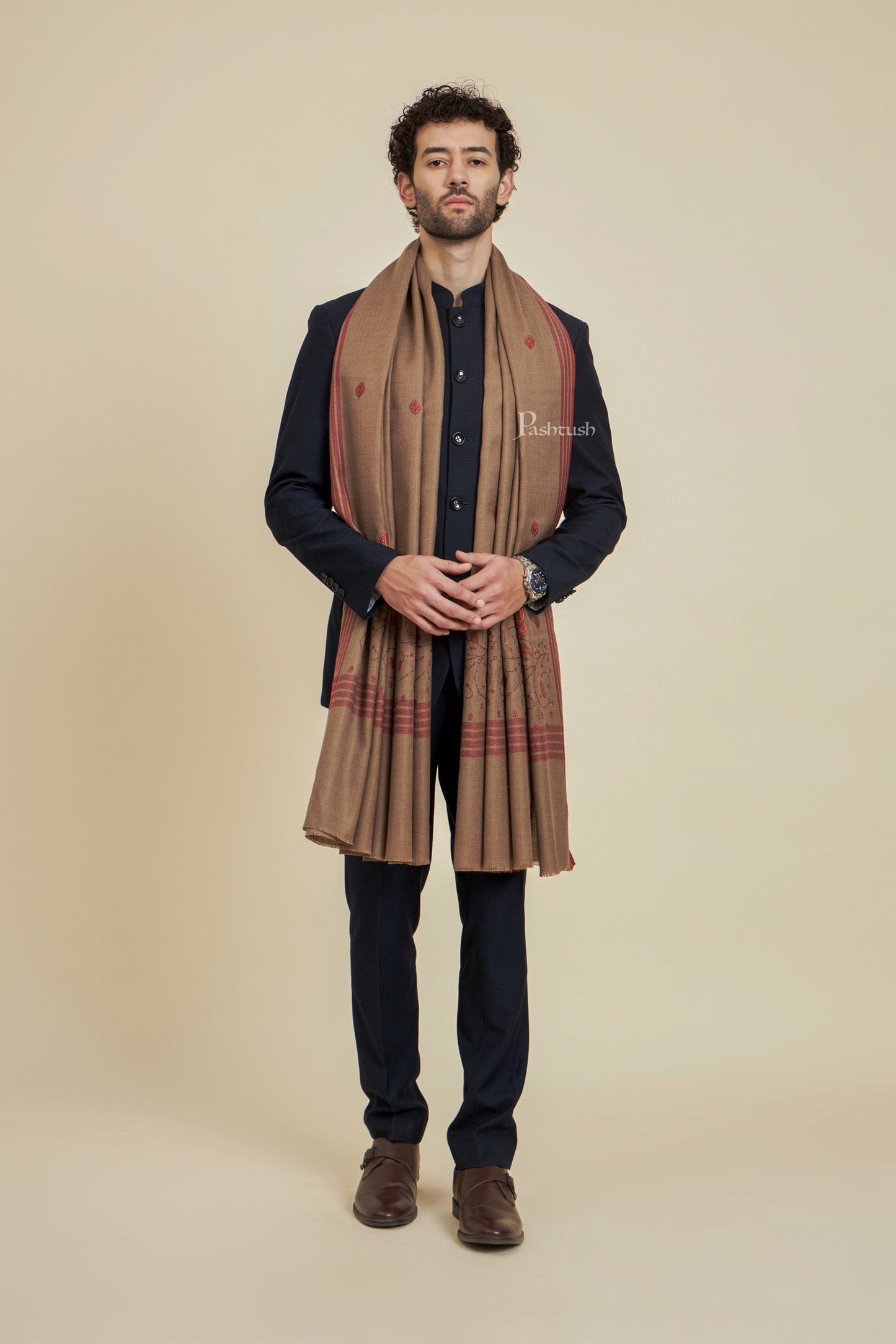 Pashtush India Mens Scarves Stoles and Mufflers Pashtush Mens Fine Wool Shawl, Design, Taupe