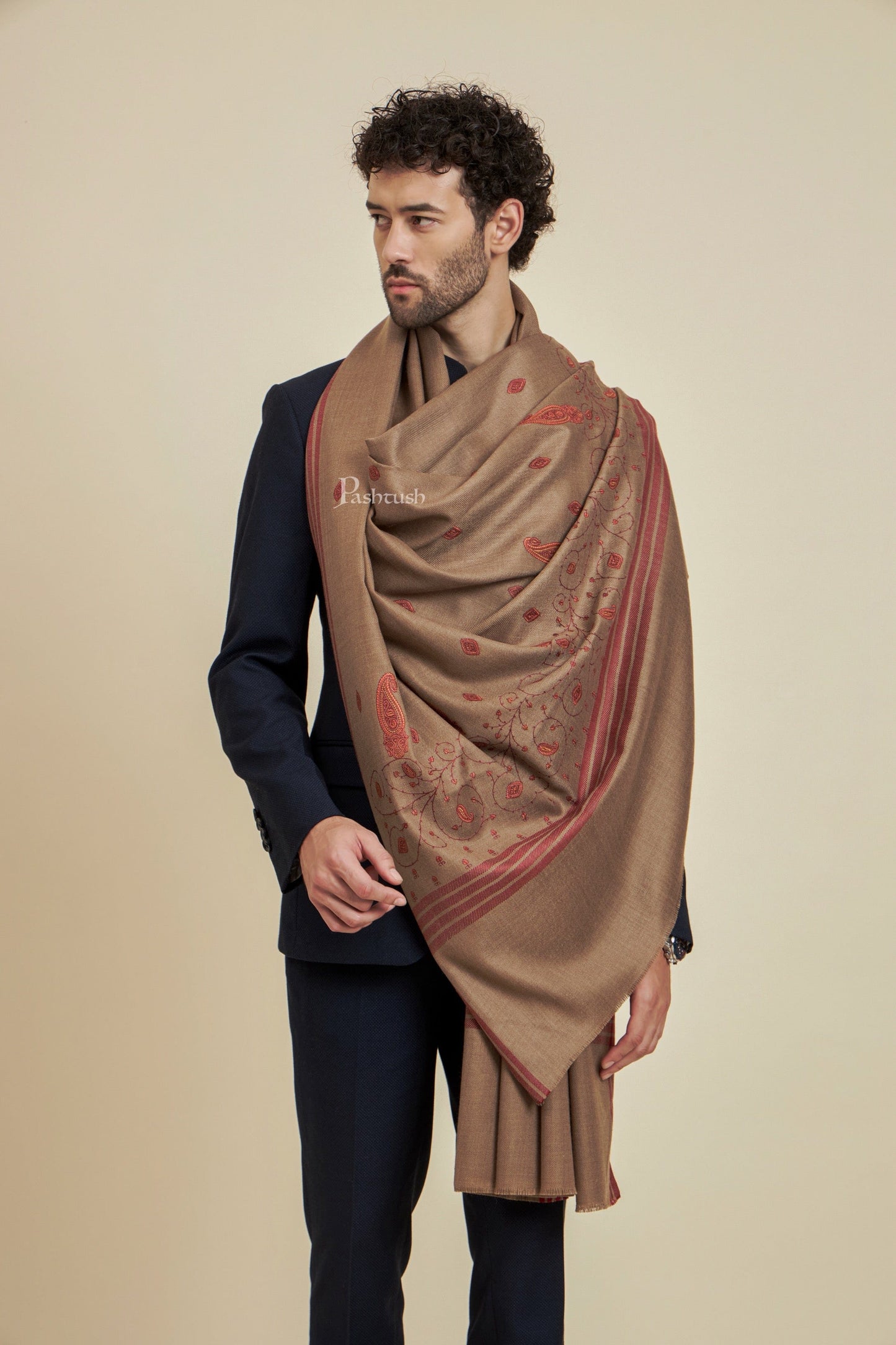 Pashtush India Mens Scarves Stoles and Mufflers Pashtush Mens Fine Wool Shawl, Design, Taupe