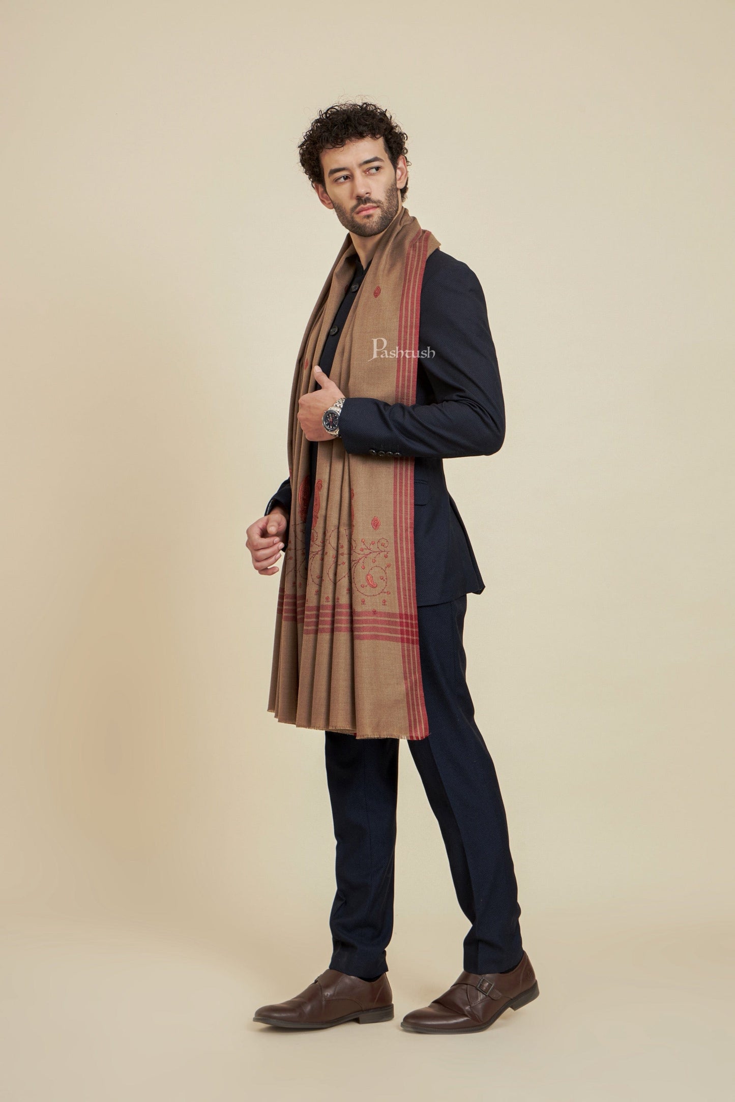 Pashtush India Mens Scarves Stoles and Mufflers Pashtush Mens Fine Wool Shawl, Design, Taupe