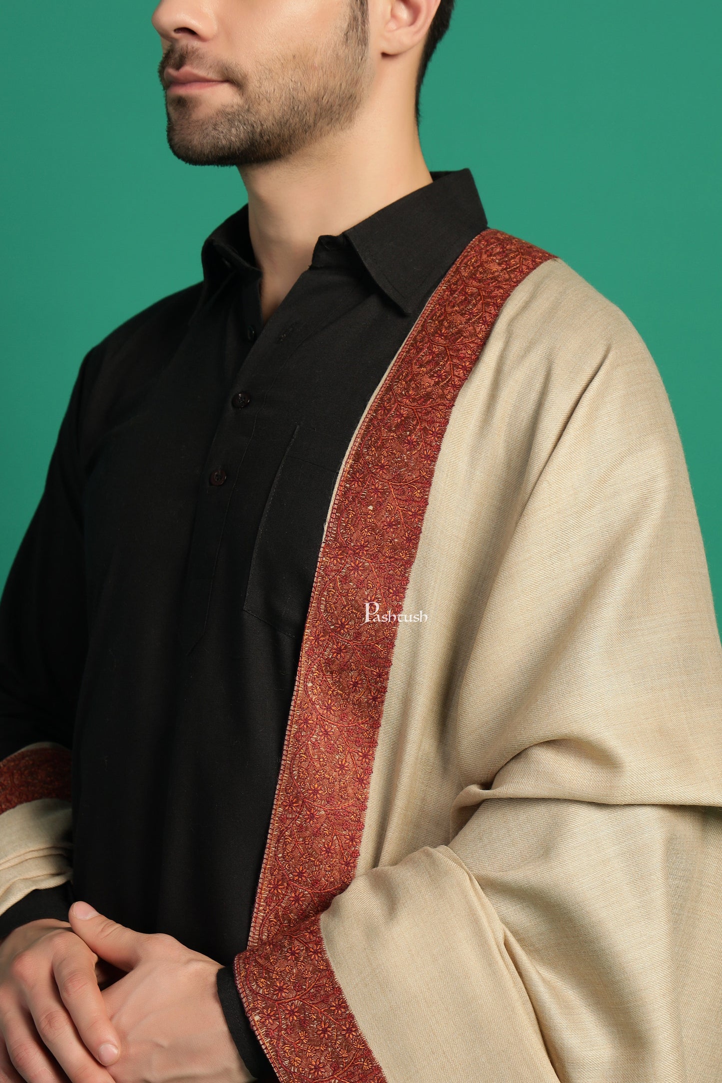 Pashtush India Mens Shawls Gents Shawl Pashtush Mens Fine Wool Shawl, Double Daur Challa Design, Beige