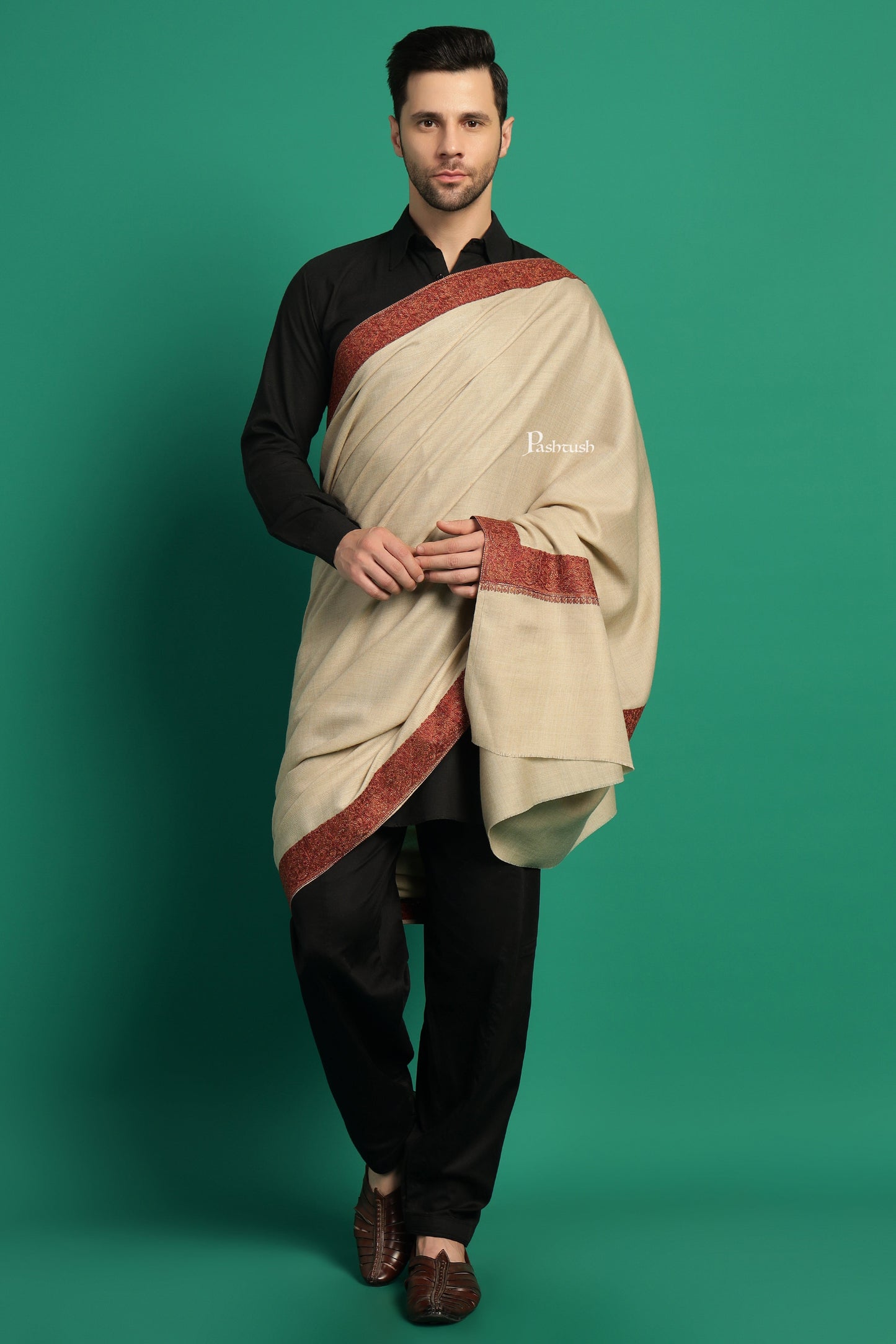 Pashtush India Mens Shawls Gents Shawl Pashtush Mens Fine Wool Shawl, Double Daur Challa Design, Beige