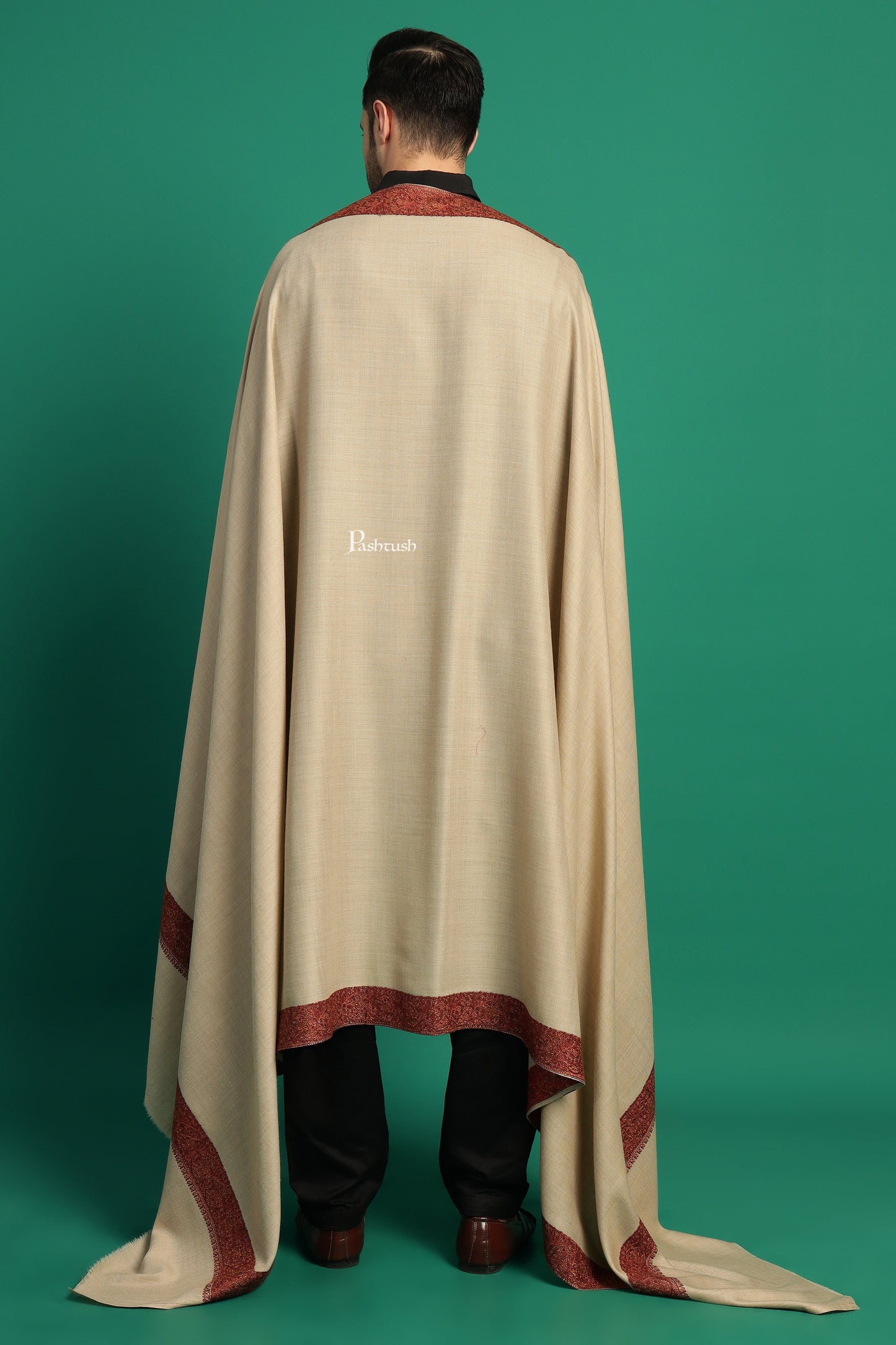 Pashtush India Mens Shawls Gents Shawl Pashtush Mens Fine Wool Shawl, Double Daur Challa Design, Beige