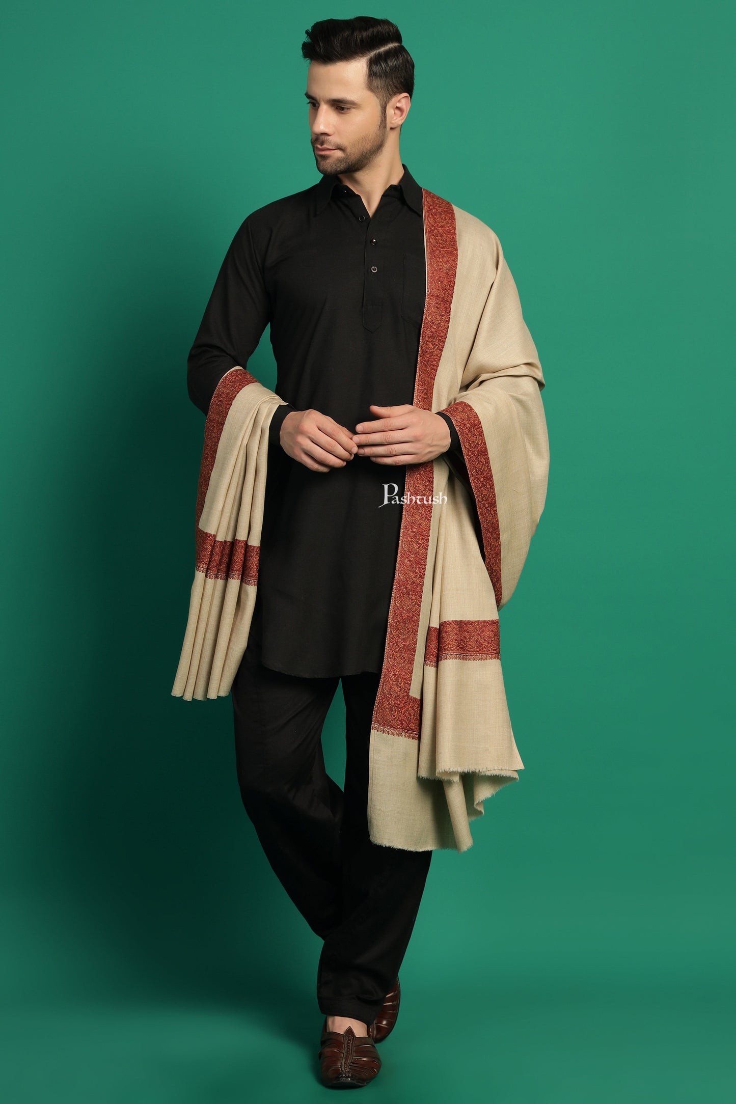 Pashtush India Mens Shawls Gents Shawl Pashtush Mens Fine Wool Shawl, Double Daur Challa Design, Beige