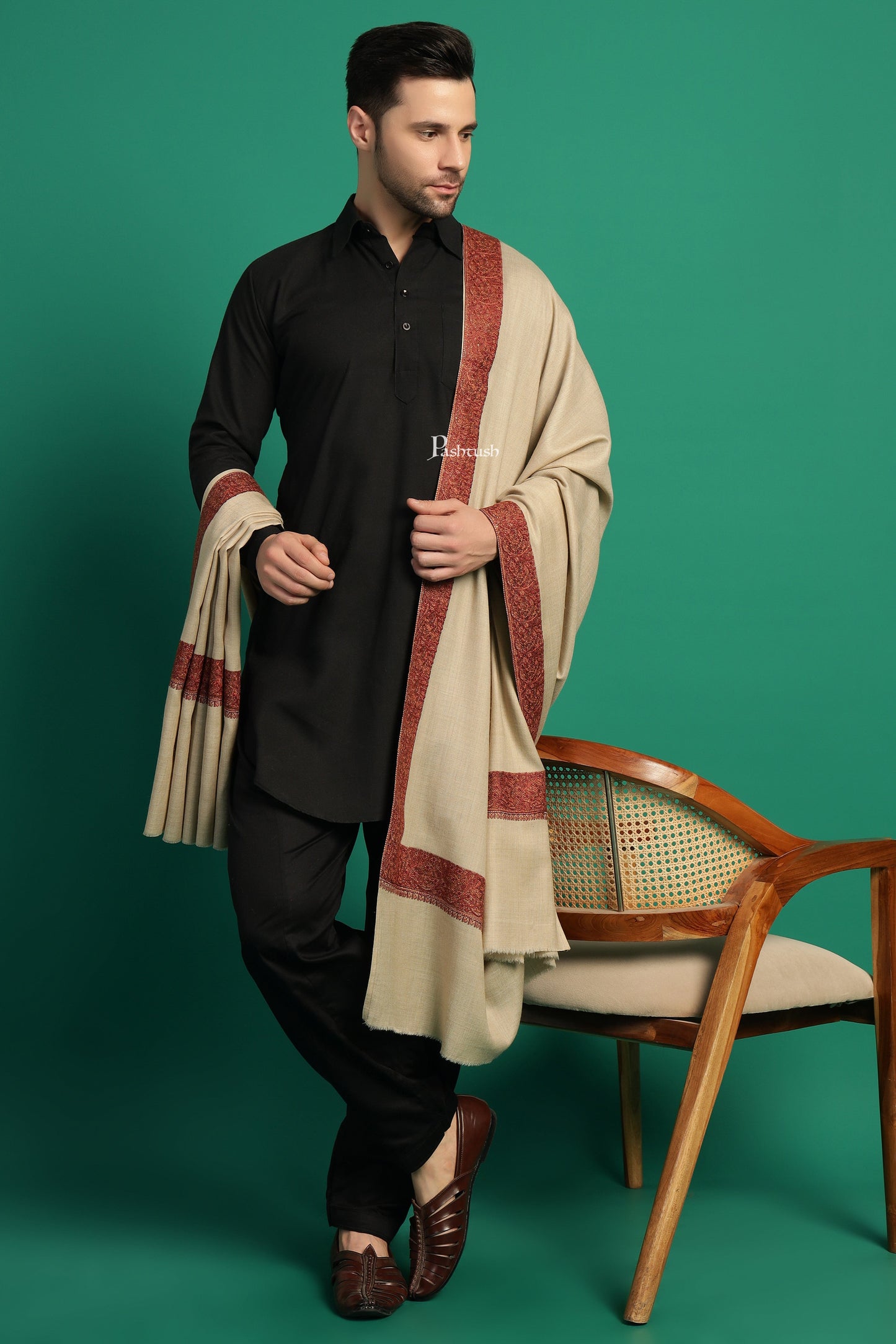 Pashtush India Mens Shawls Gents Shawl Pashtush Mens Fine Wool Shawl, Double Daur Challa Design, Beige