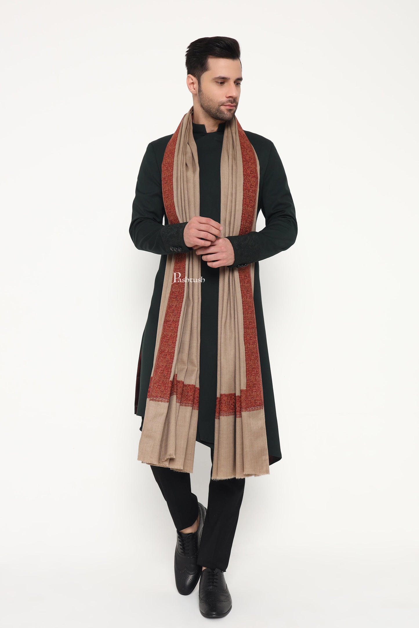 Pashtush India Mens Shawls Gents Shawl Pashtush Mens Fine Wool Shawl, Double Daur Challa Design, Taupe