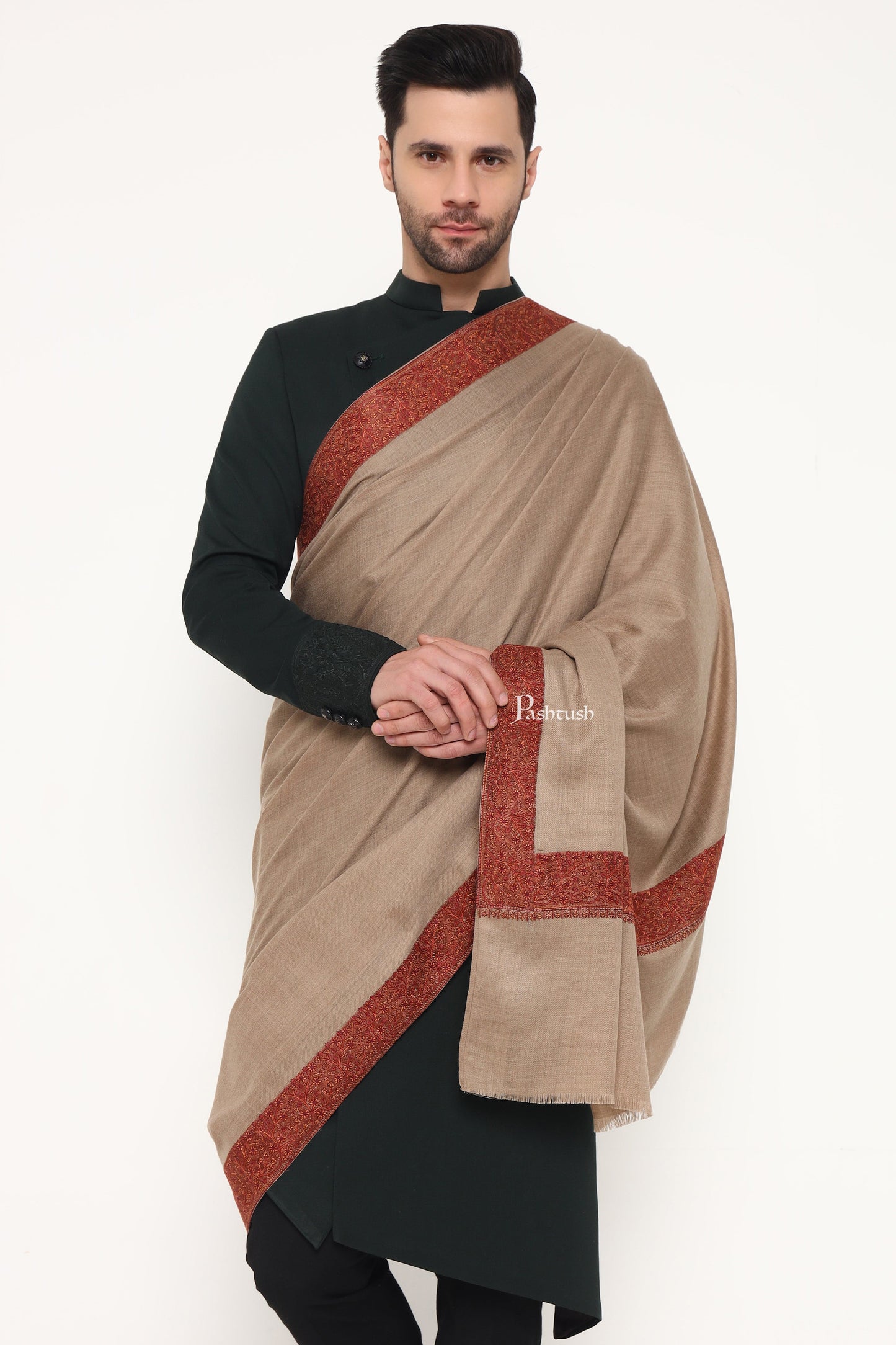 Pashtush India Mens Shawls Gents Shawl Pashtush Mens Fine Wool Shawl, Double Daur Challa Design, Taupe