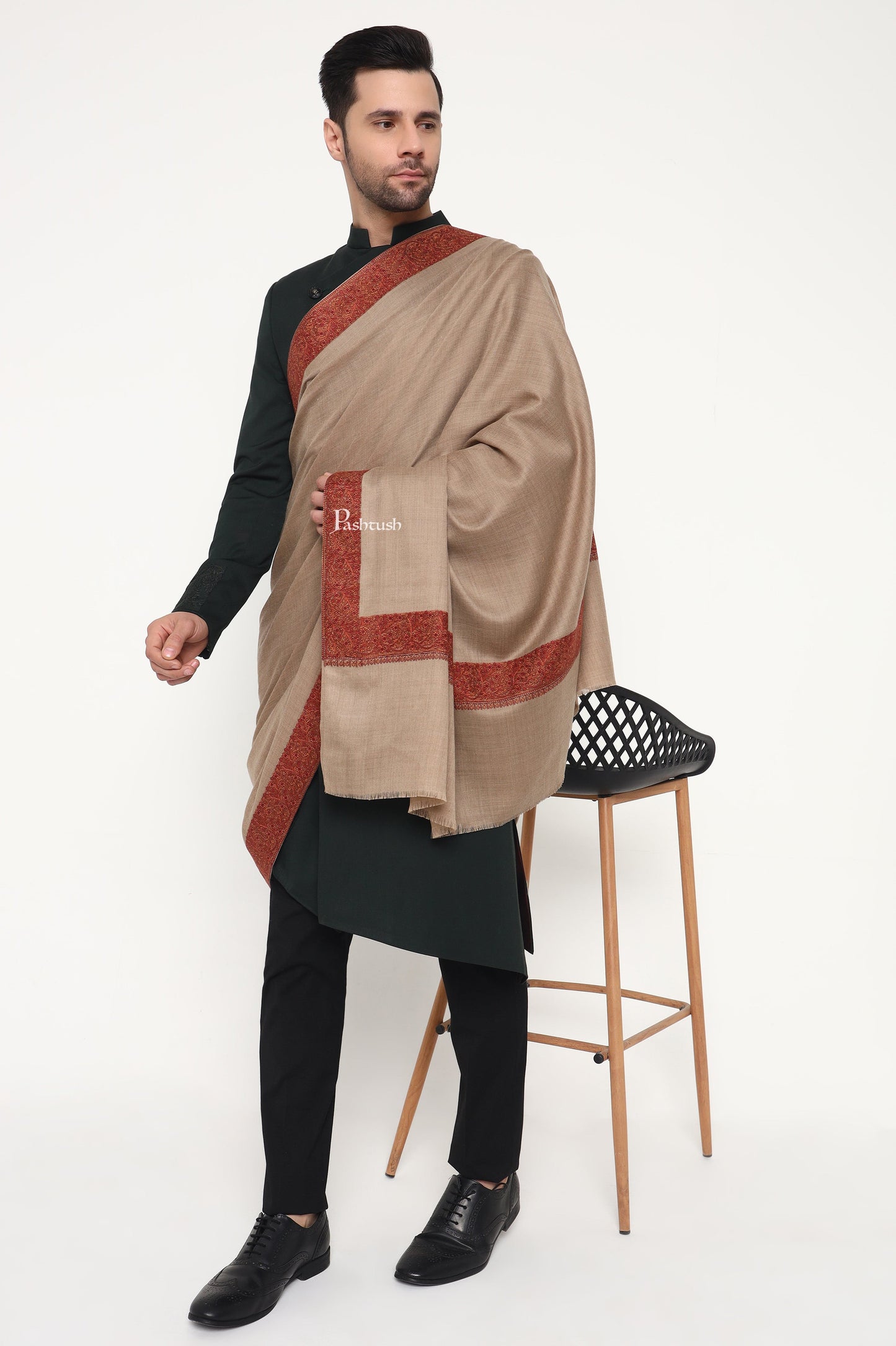 Pashtush India Mens Shawls Gents Shawl Pashtush Mens Fine Wool Shawl, Double Daur Challa Design, Taupe