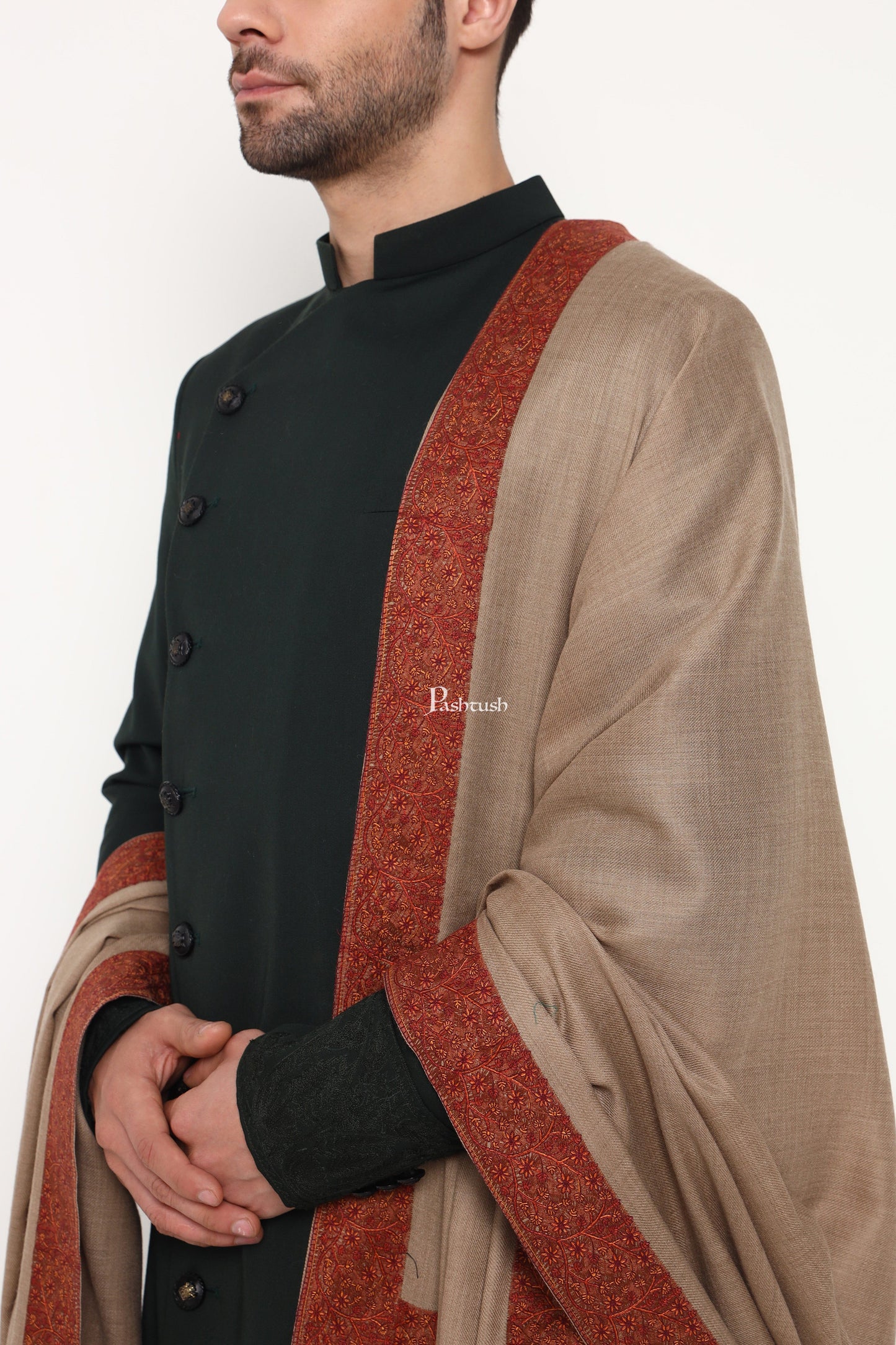 Pashtush India Mens Shawls Gents Shawl Pashtush Mens Fine Wool Shawl, Double Daur Challa Design, Taupe