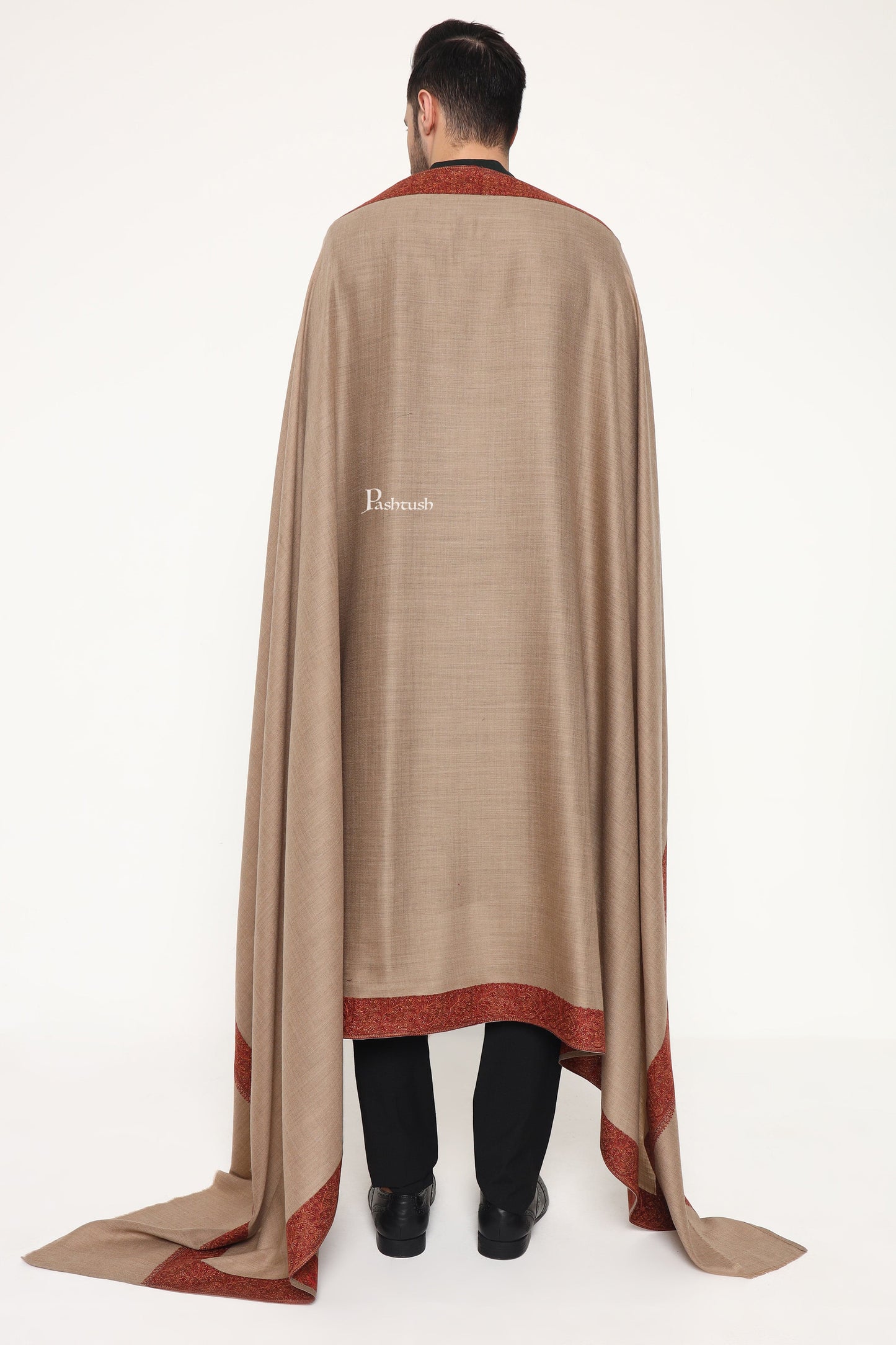 Pashtush India Mens Shawls Gents Shawl Pashtush Mens Fine Wool Shawl, Double Daur Challa Design, Taupe