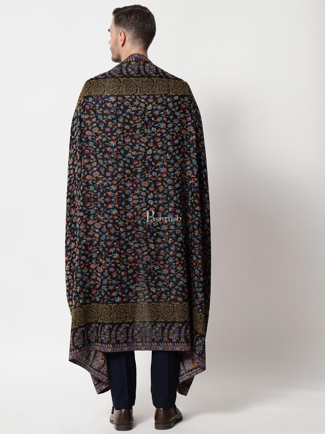 Pashtush India Mens Shawls Gents Shawl Pashtush mens Fine Wool shawl, Ethnic design, Black, Mens Lohi, Full Size