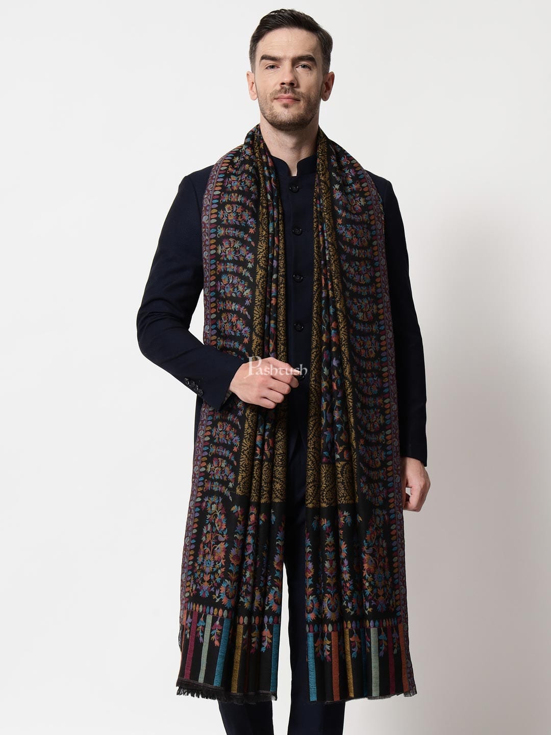 Pashtush India Mens Shawls Gents Shawl Pashtush mens Fine Wool shawl, Ethnic design, Black, Mens Lohi, Full Size