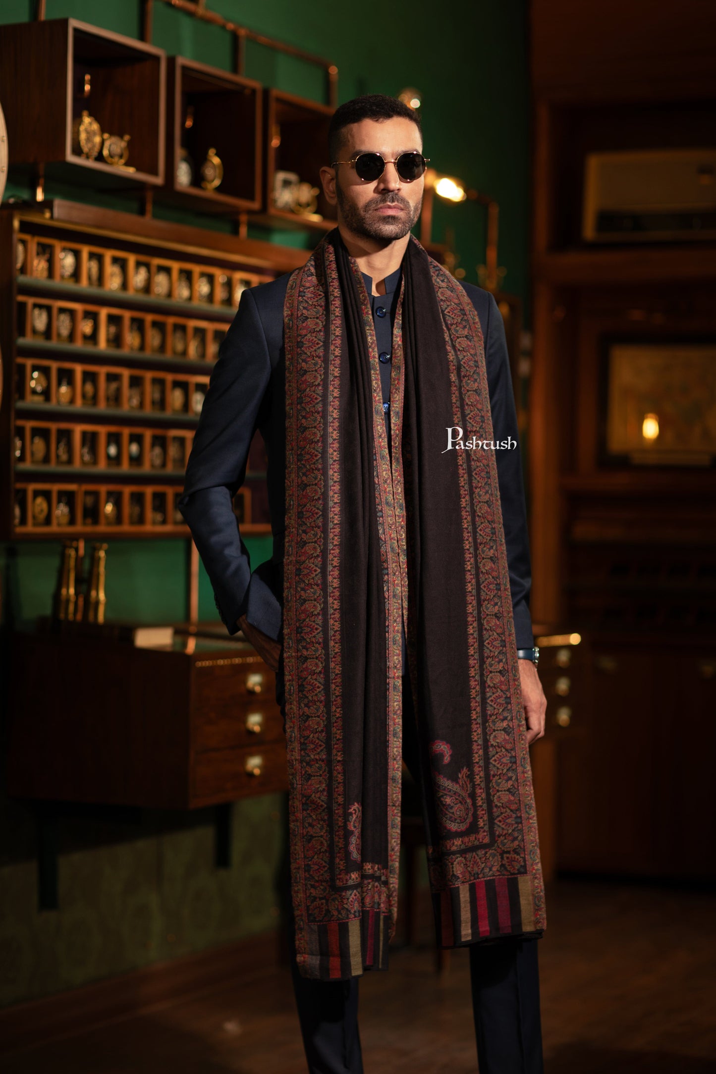 Pashtush India Mens Shawls Gents Shawl Pashtush Mens Fine Wool Shawl, Ethnic Weave, Woven Design, Black