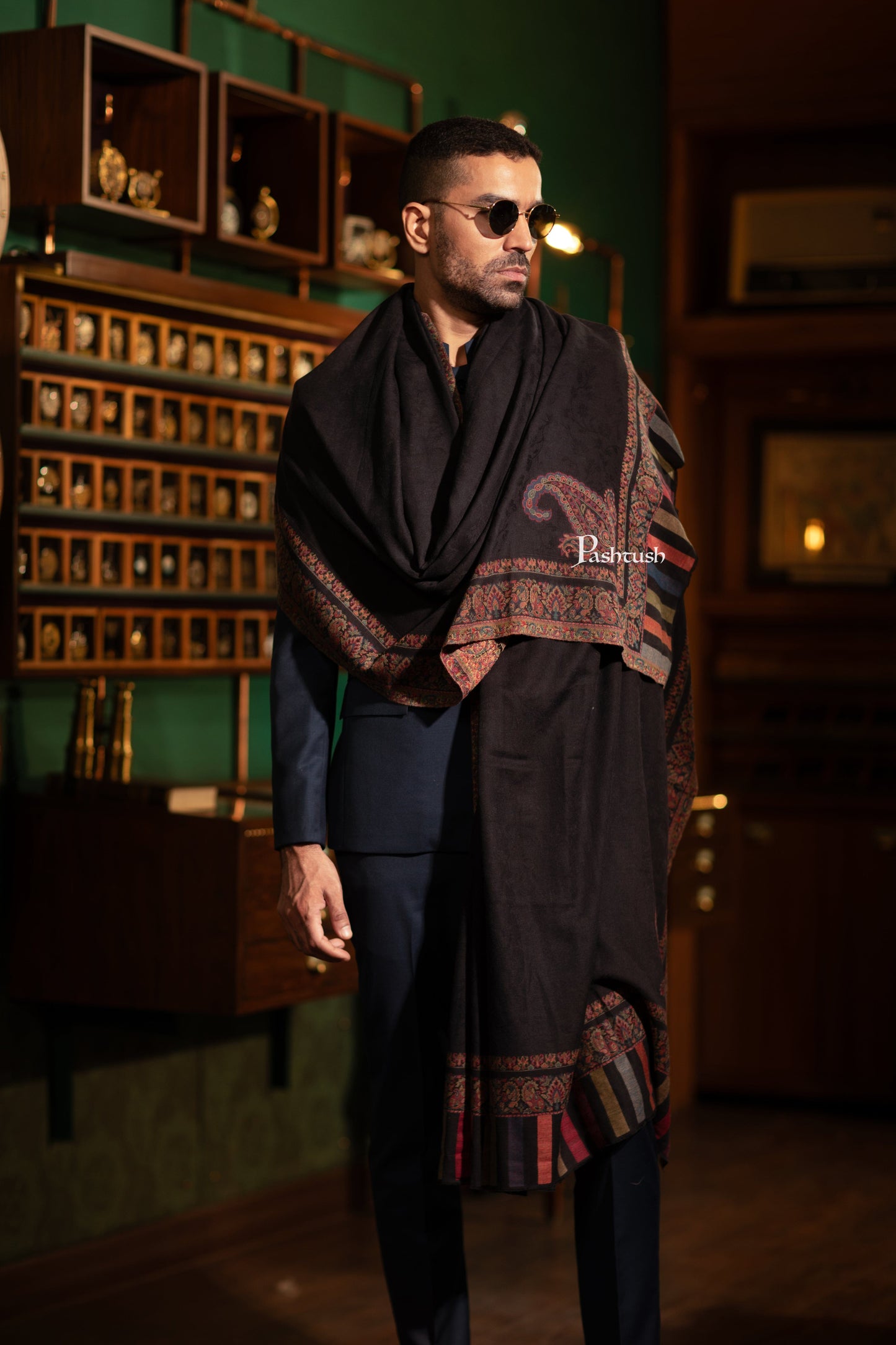 Pashtush India Mens Shawls Gents Shawl Pashtush Mens Fine Wool Shawl, Ethnic Weave, Woven Design, Black