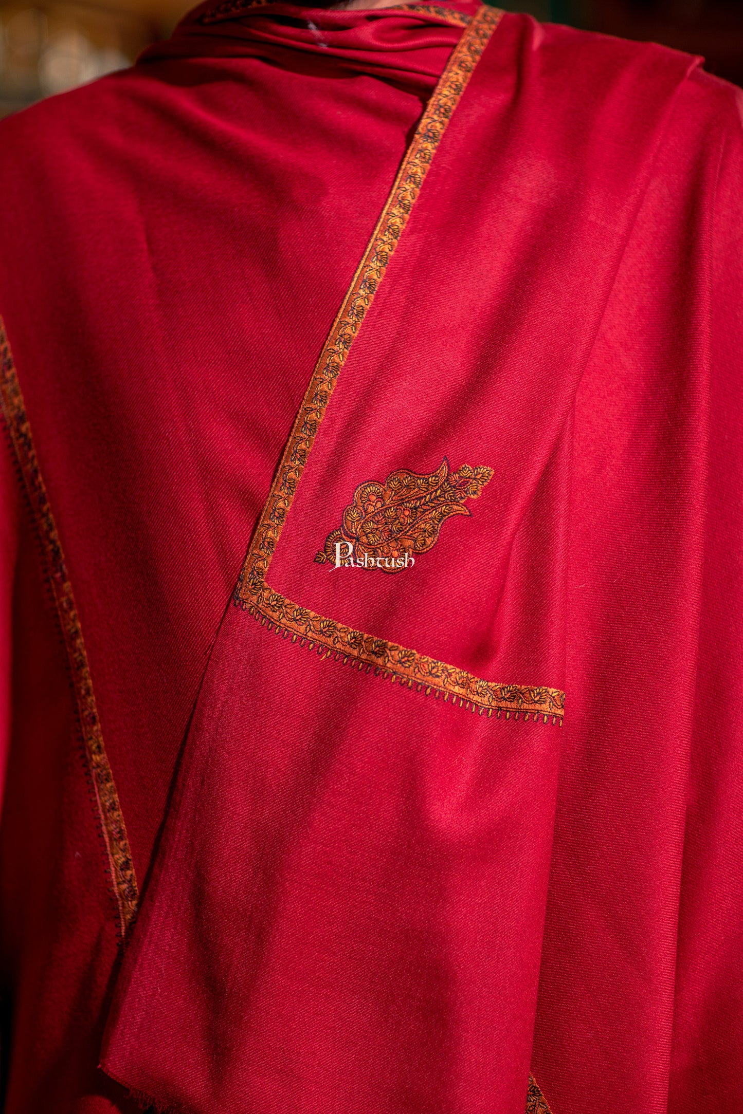 Pashtush India Mens Shawls Gents Shawl Pashtush Mens Fine Wool Shawl, Full Size, Kingri Border Embroidery Design, Maroon