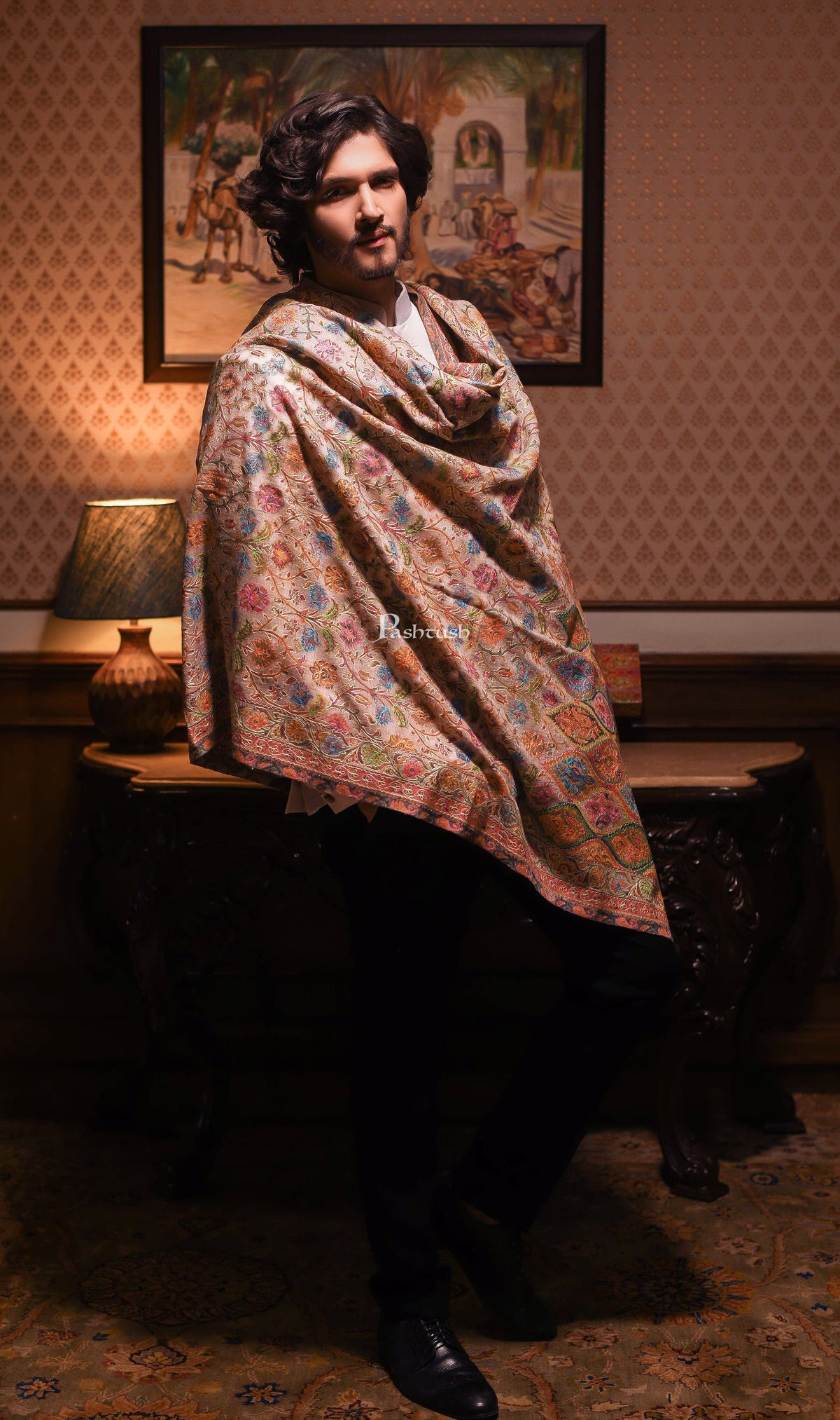Pashtush India Womens Shawls Pashtush mens Fine Wool shawl, Kalamkari design, Mullticolour