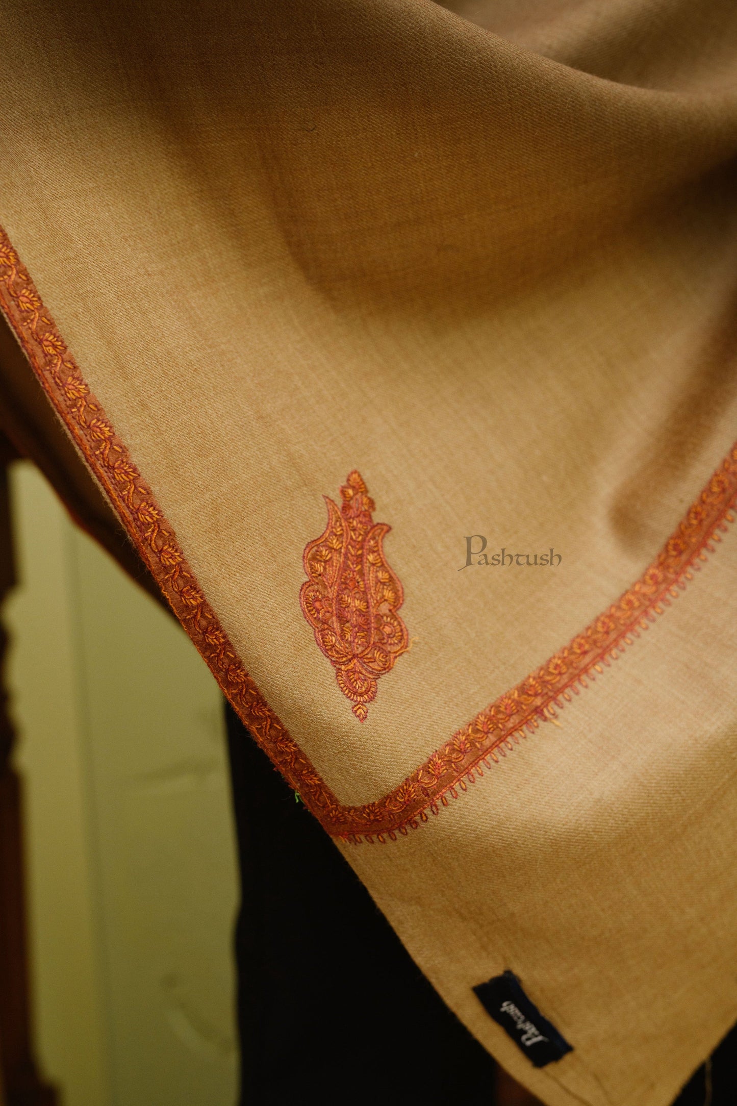 Pashtush India Mens Shawls Gents Shawl Pashtush Mens Fine Wool Shawl, Kashmiri Border Embroidery, Kingri Design, Taupe