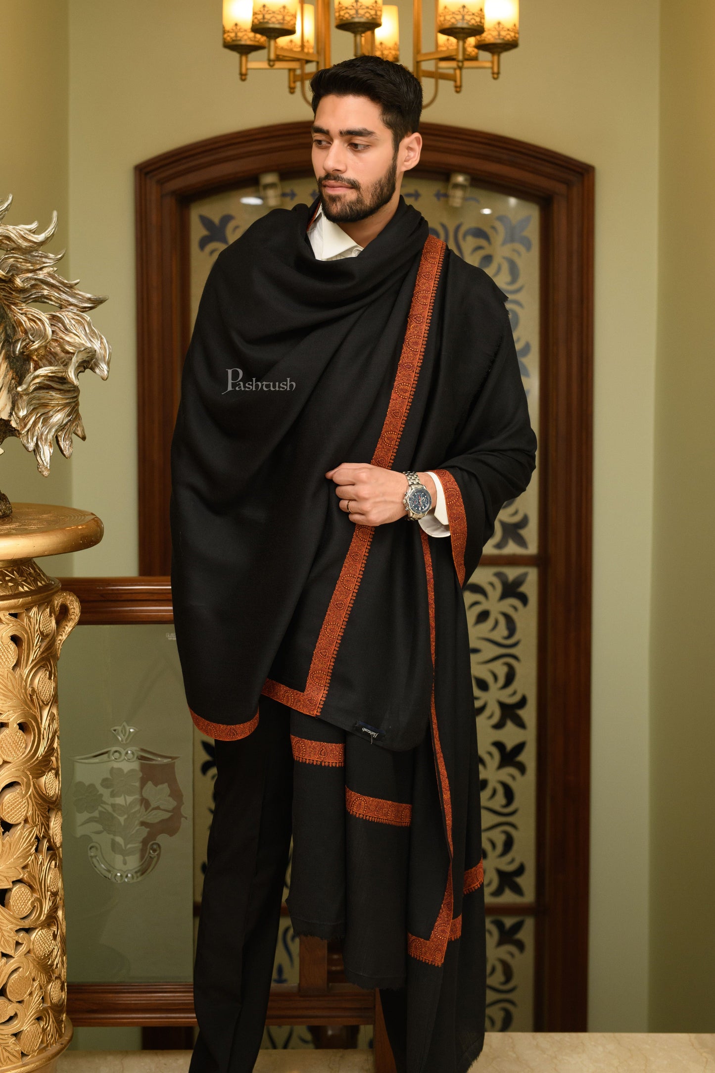 Pashtush India Mens Shawls Gents Shawl Pashtush Mens Fine Wool Shawl, Kashmiri Border Embroidery, Neemdaur Design, Black
