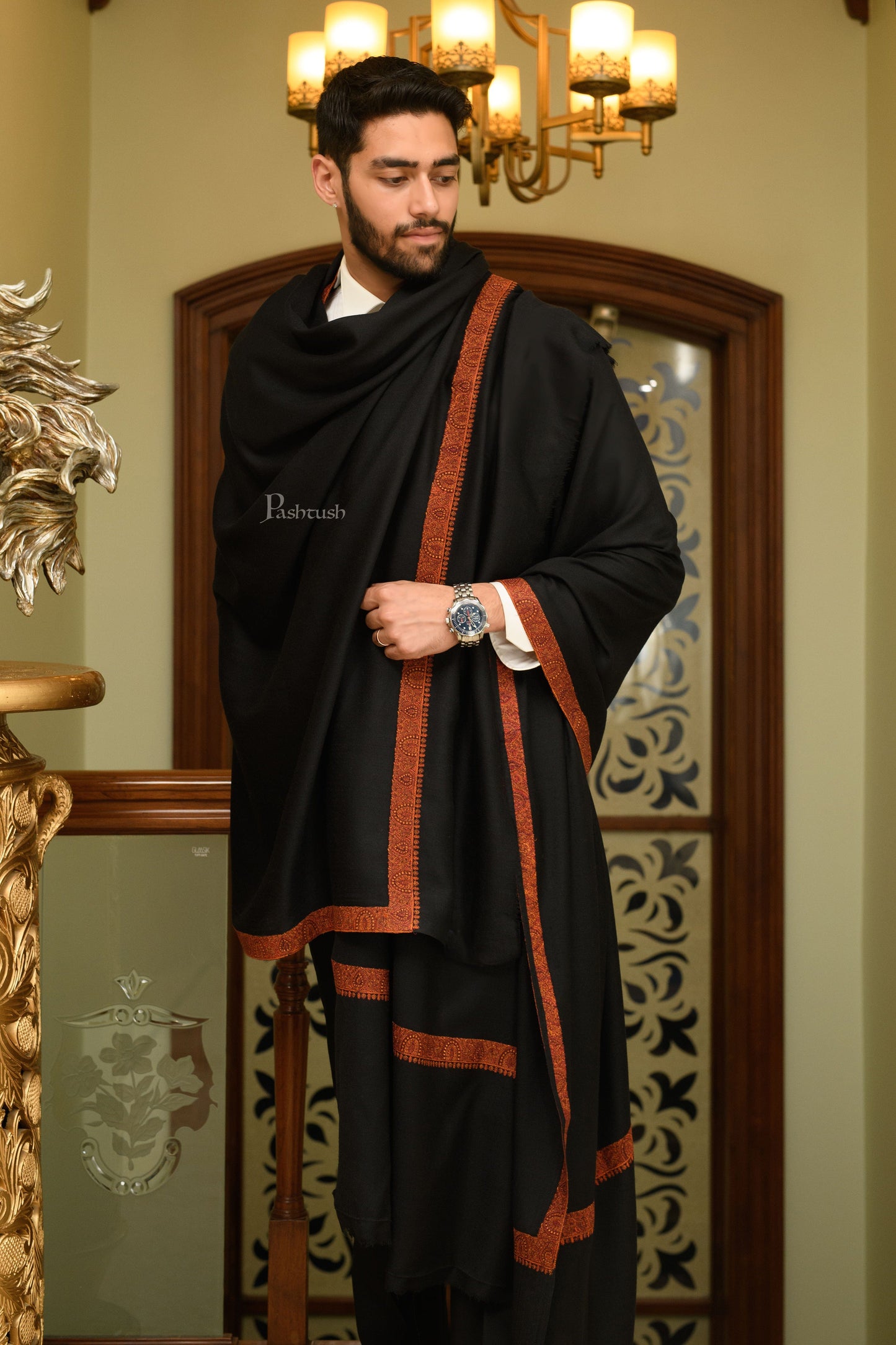 Pashtush India Mens Shawls Gents Shawl Pashtush Mens Fine Wool Shawl, Kashmiri Border Embroidery, Neemdaur Design, Black