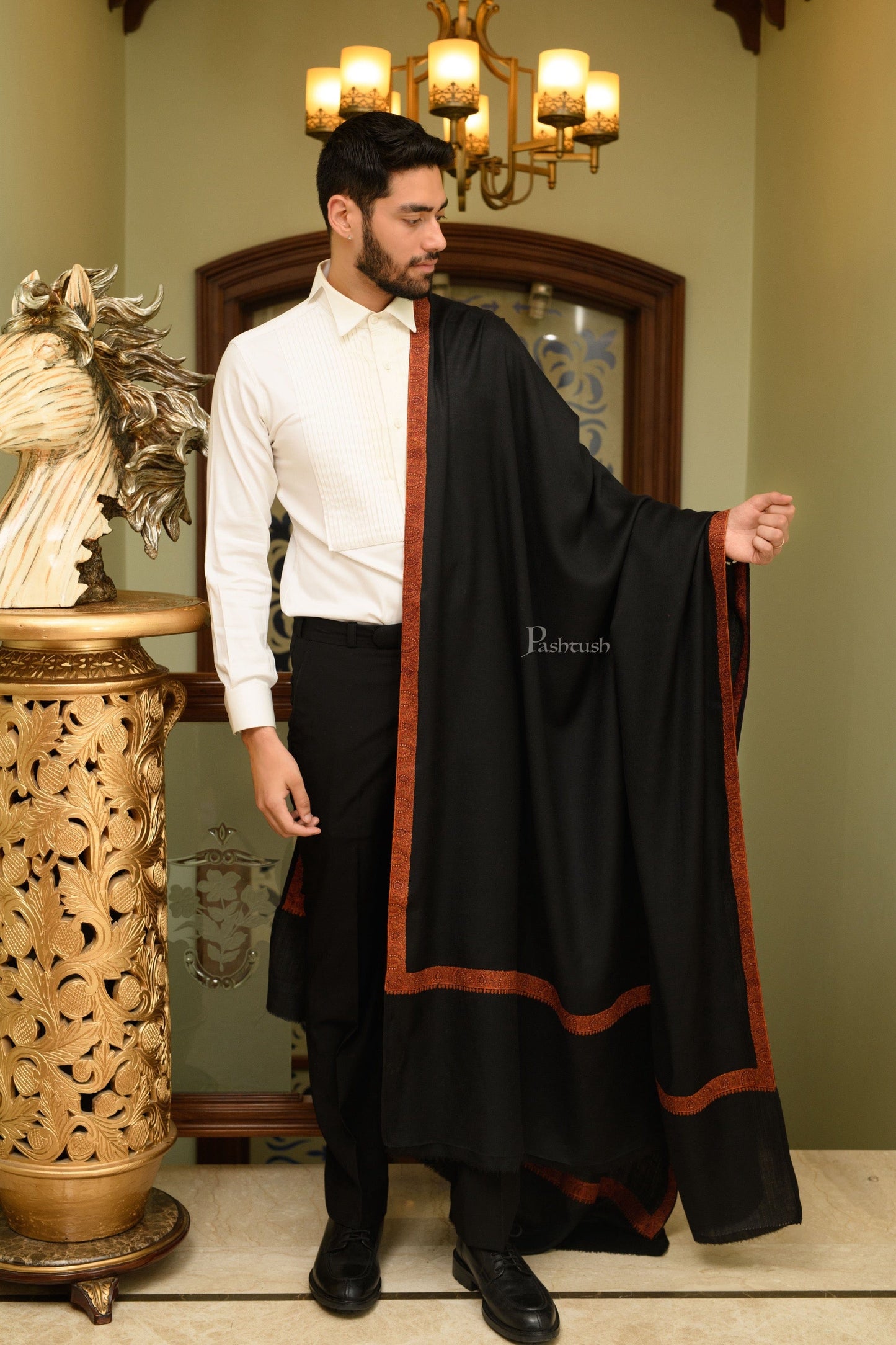 Pashtush India Mens Shawls Gents Shawl Pashtush Mens Fine Wool Shawl, Kashmiri Border Embroidery, Neemdaur Design, Black