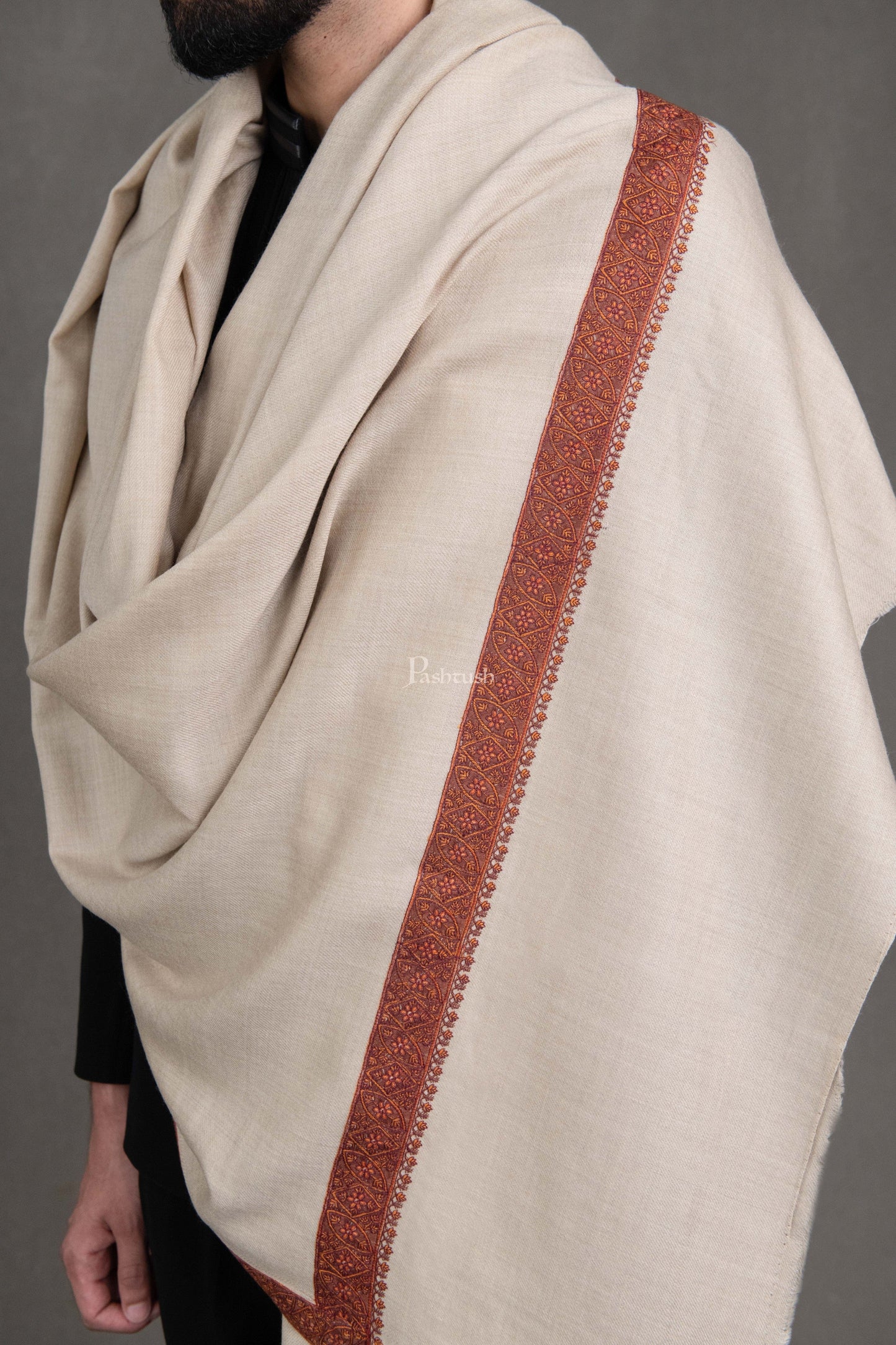 Pashtush India Mens Shawls Gents Shawl Pashtush Mens Fine Wool Shawl, Kashmiri Neemdaur Embroidery Design, Beige